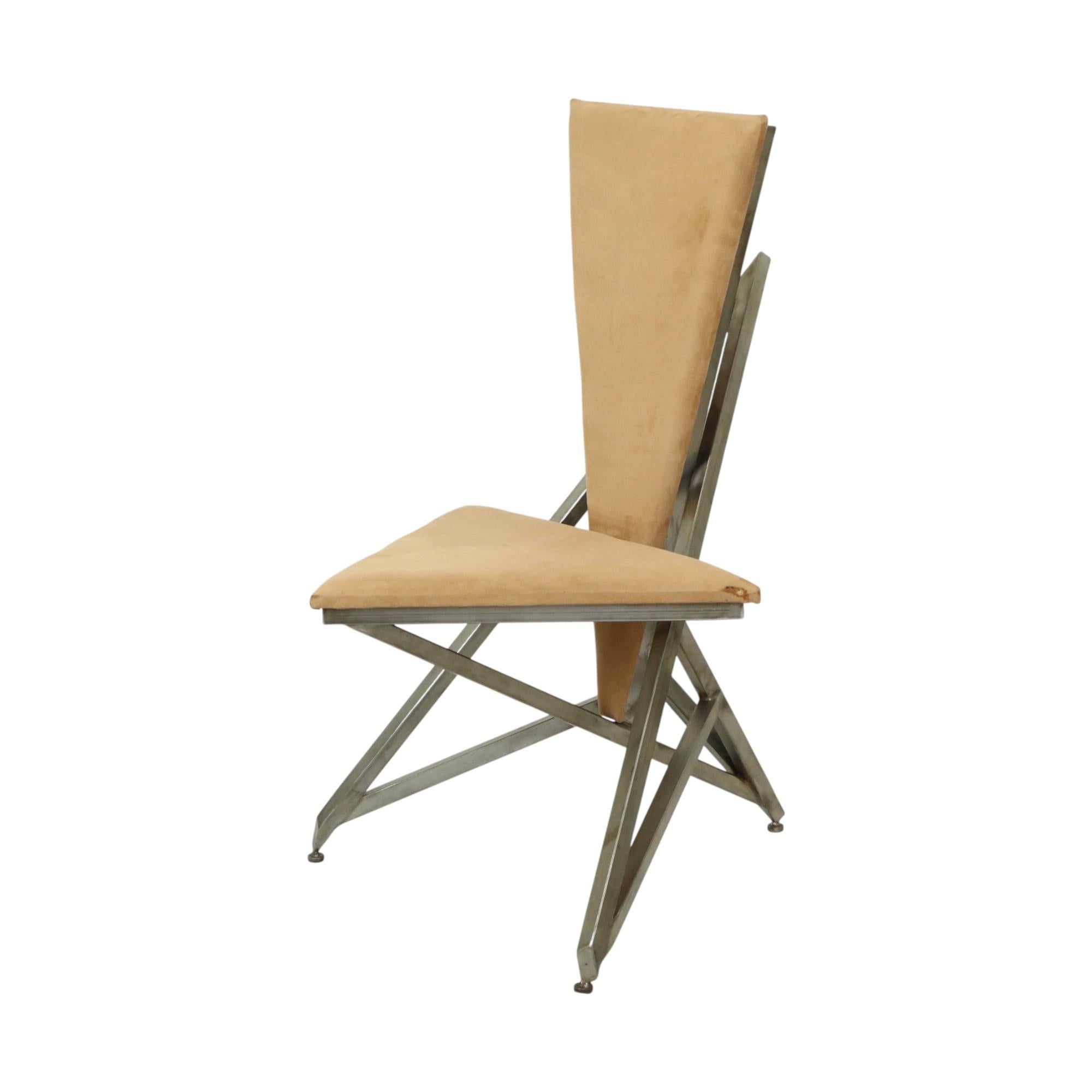 Beautiful and unique design chair, completely handmade from welded steel and triangular wooden panels upholstered with a salmon-colored velvet, enormous quality object from the second half of the 20th century.

This is a unique object, which means