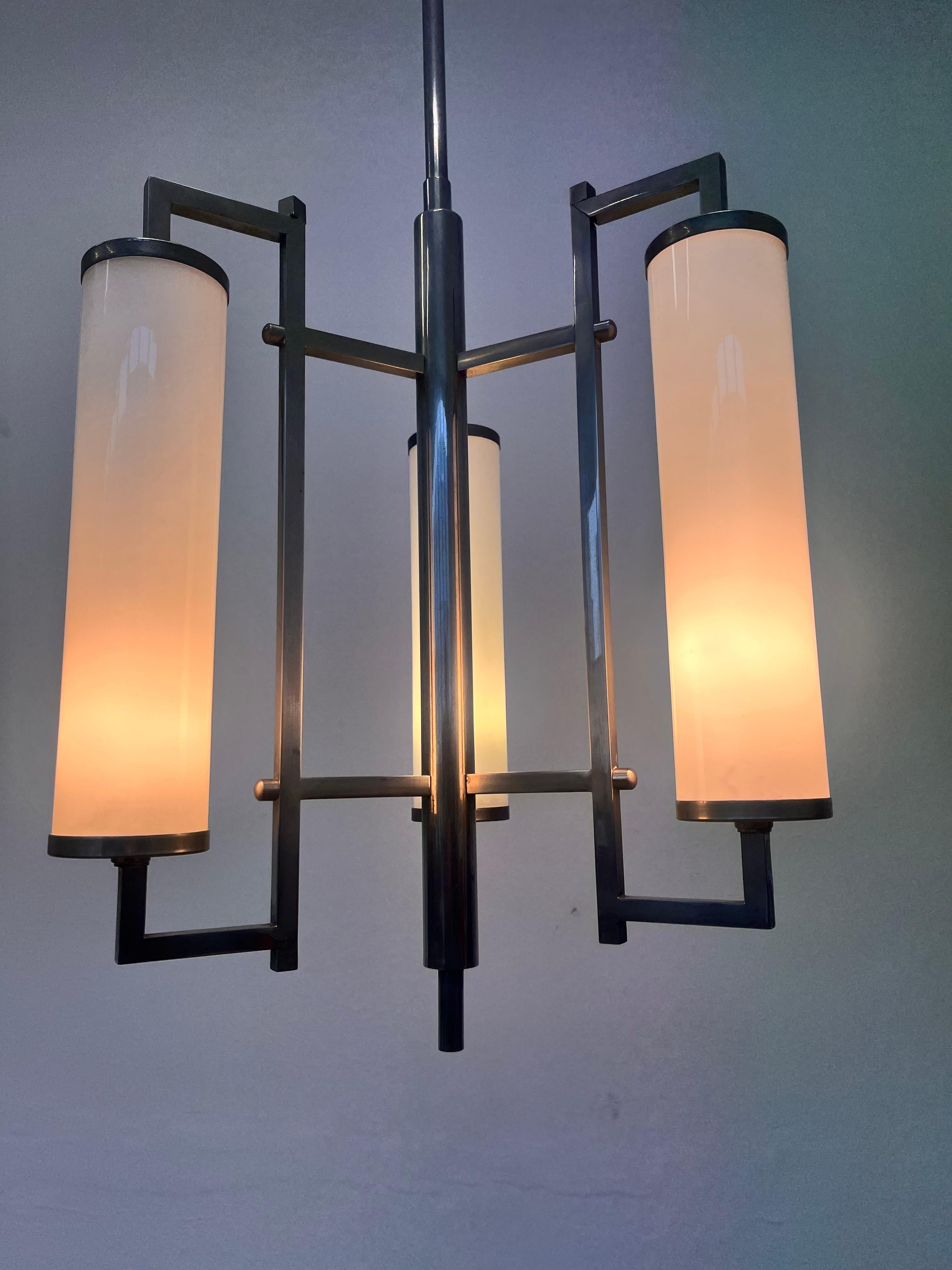 - Chrome-plated Bauhaus or Art Deco chandelier
- Rewired, polished
- 3 bulbs any wattage 
- US wiring compatible
- the rod can be easily shortened
- very simple design