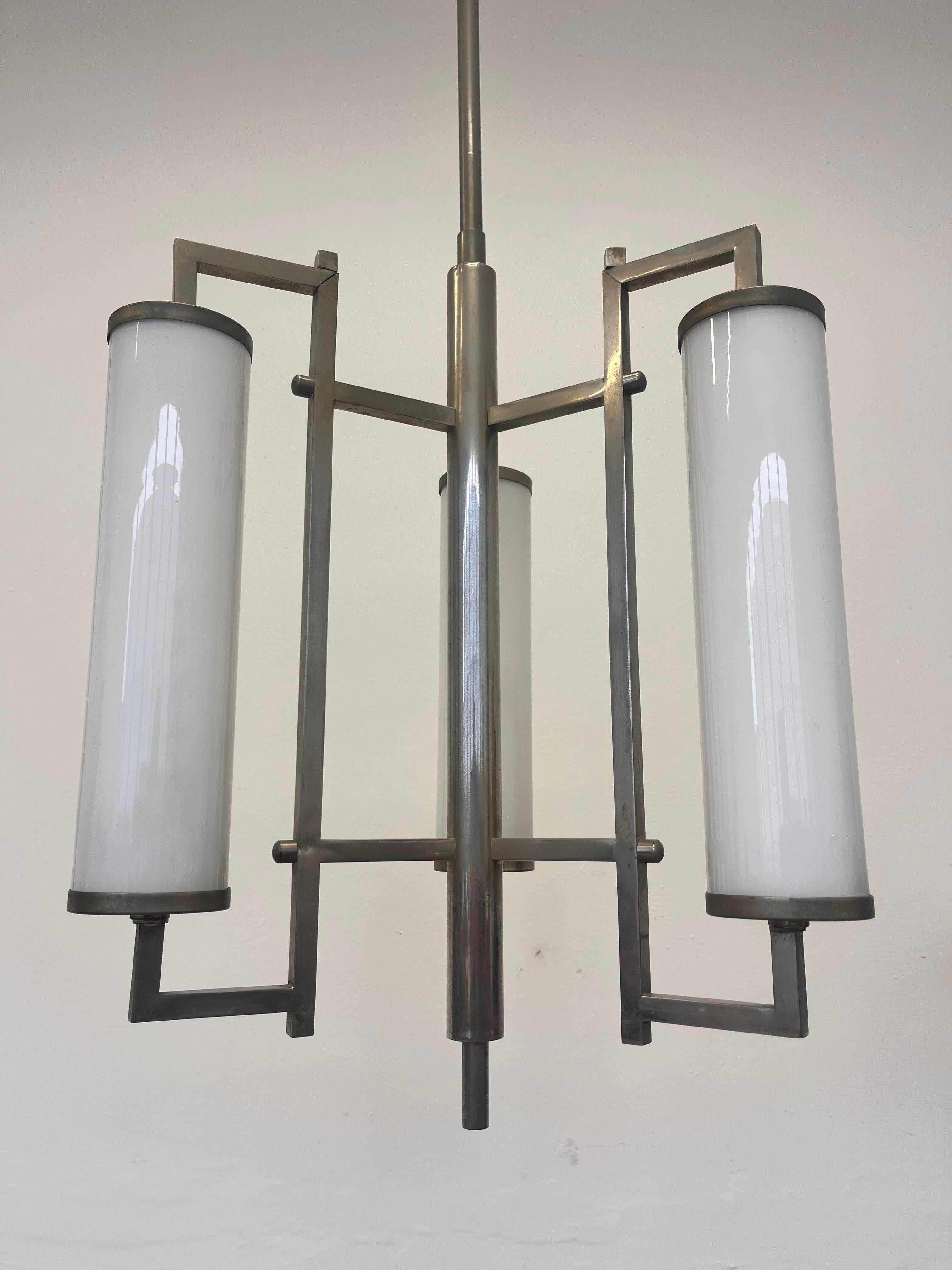 Opaline Glass Unique Design chrome Tubular Bauhaus Chandelier / pendant, 1930s - functionalism For Sale