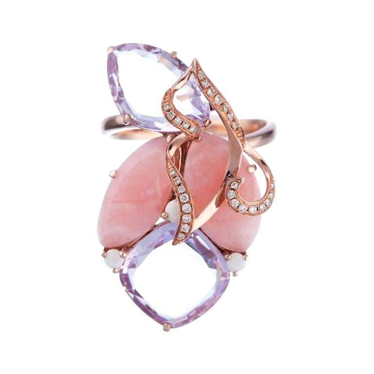 Unique Design Diamond Ring White Agate / Opal / Amethyst / Diamond Pink Gold