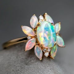 Unique Design Australian Solid Opal Diamond Engagement Ring 18K Yellow Gold