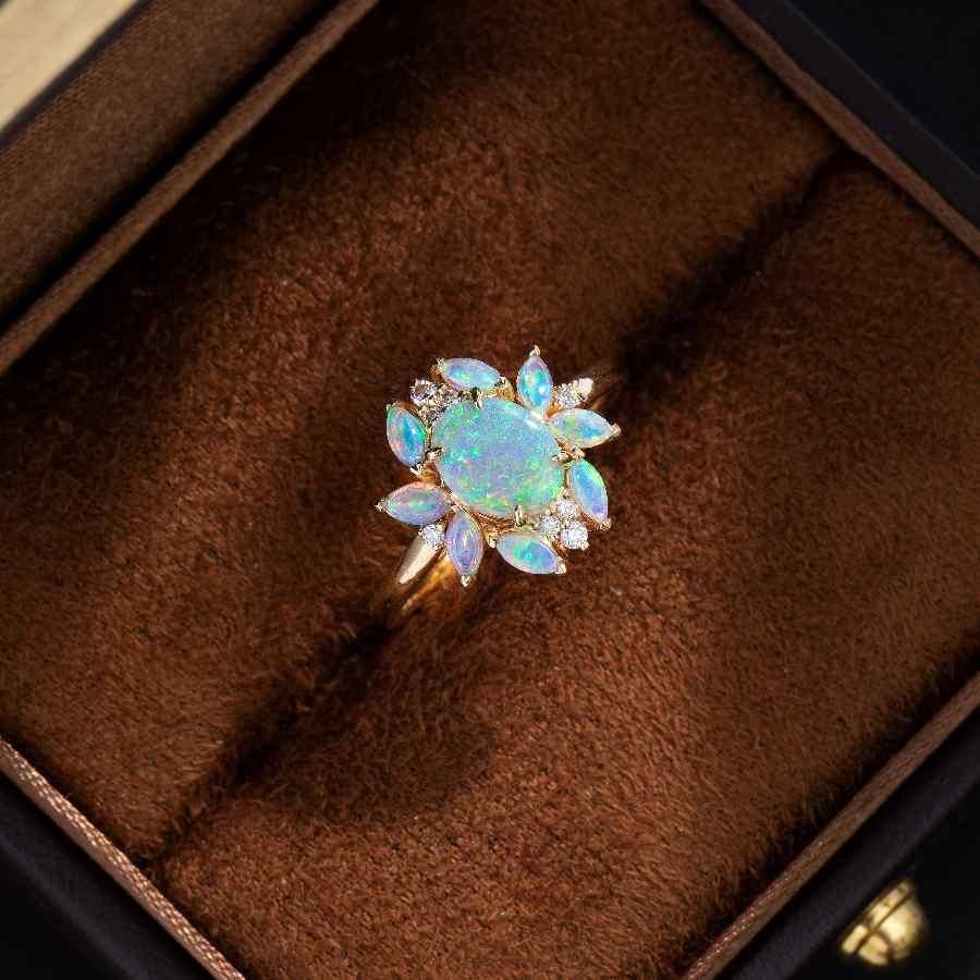 Arts and Crafts Unique Design Solid Opal Diamond Engagement Ring 18K Yellow Gold