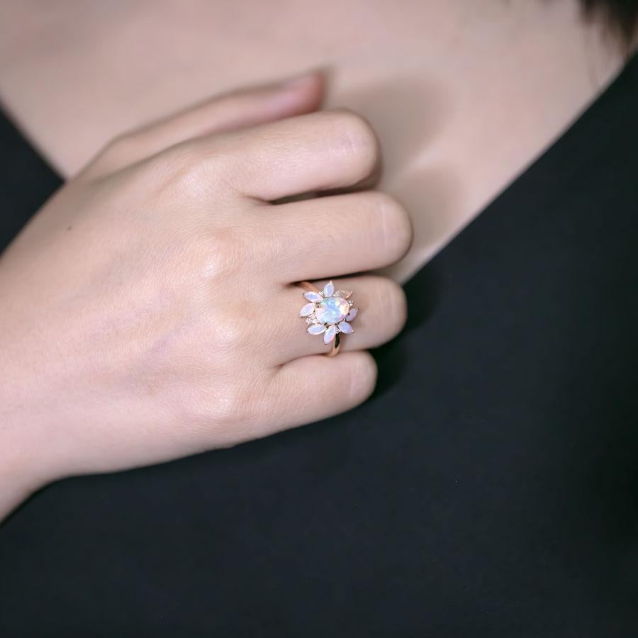 Arts and Crafts Unique Design Solid Opal Diamond Engagement Ring 18K Yellow Gold For Sale