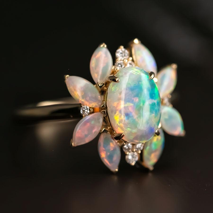 Brilliant Cut Unique Design Solid Opal Diamond Engagement Ring 18K Yellow Gold For Sale