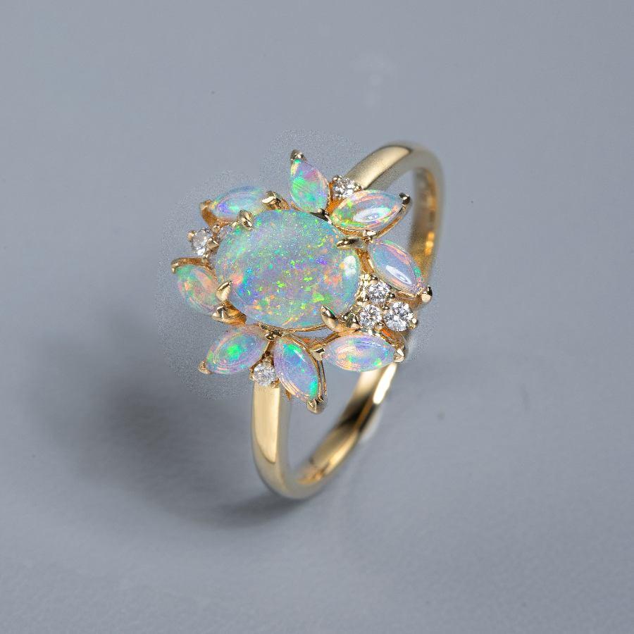 Unique Design Solid Opal Diamond Engagement Ring 18K Yellow Gold In New Condition In Suwanee, GA