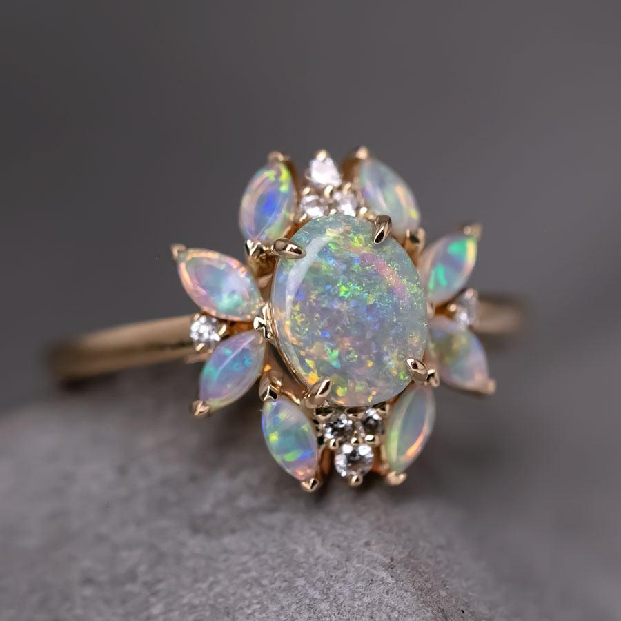 Women's or Men's Unique Design Solid Opal Diamond Engagement Ring 18K Yellow Gold