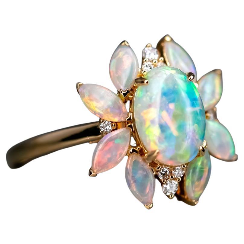 Unique Design Solid Opal Diamond Engagement Ring 18K Yellow Gold For Sale