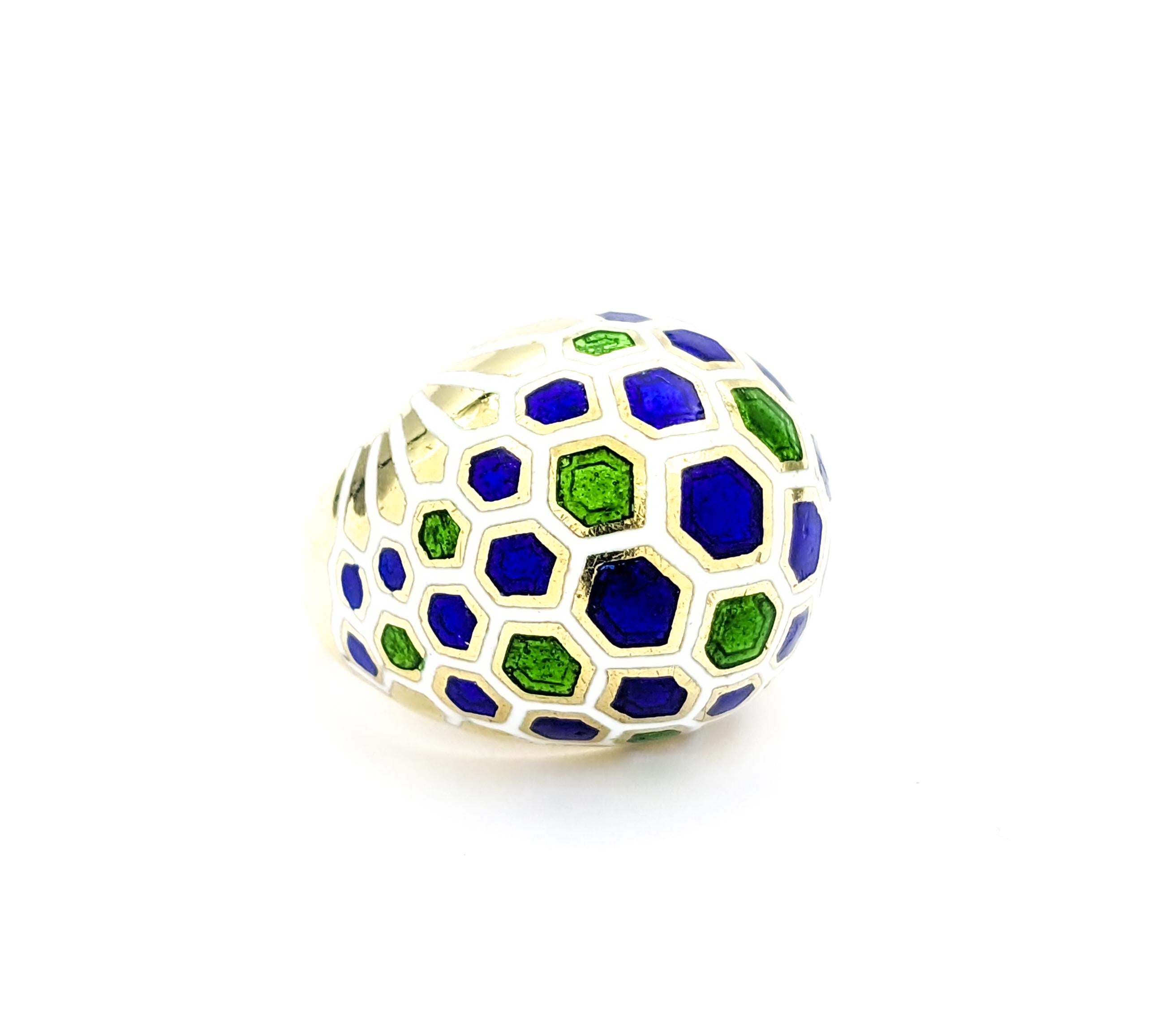 Unique Design With Enameled Hexagons Ring In Yellow Gold In Excellent Condition For Sale In Bloomington, MN