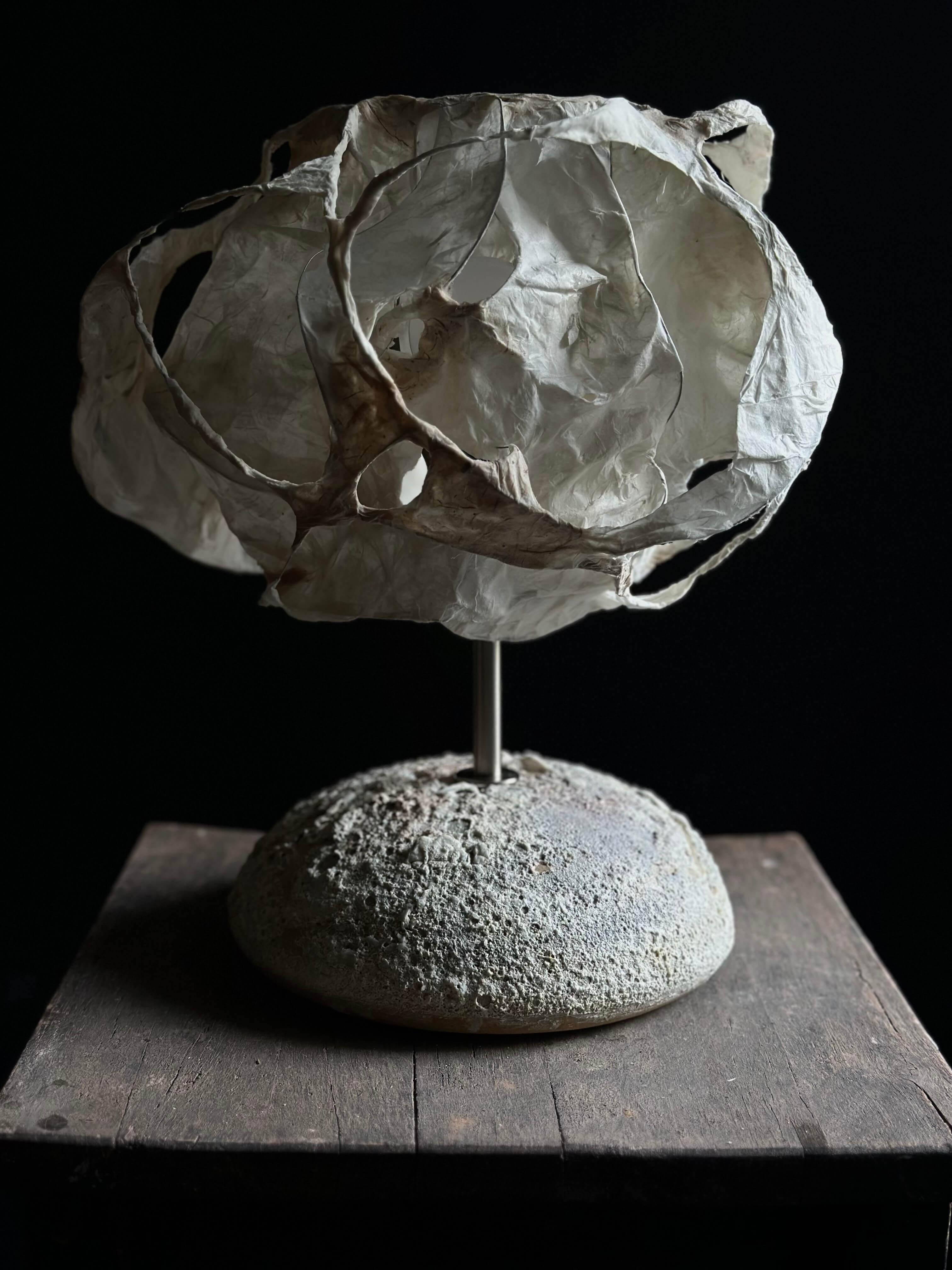 A sculptural table lamp from The Luminaries series harmoniously balances raw texture with refined form. Its hand-sculpted ceramic base features a cratered, stone-like surface, finished with a layered studio glaze that preserves the natural contours