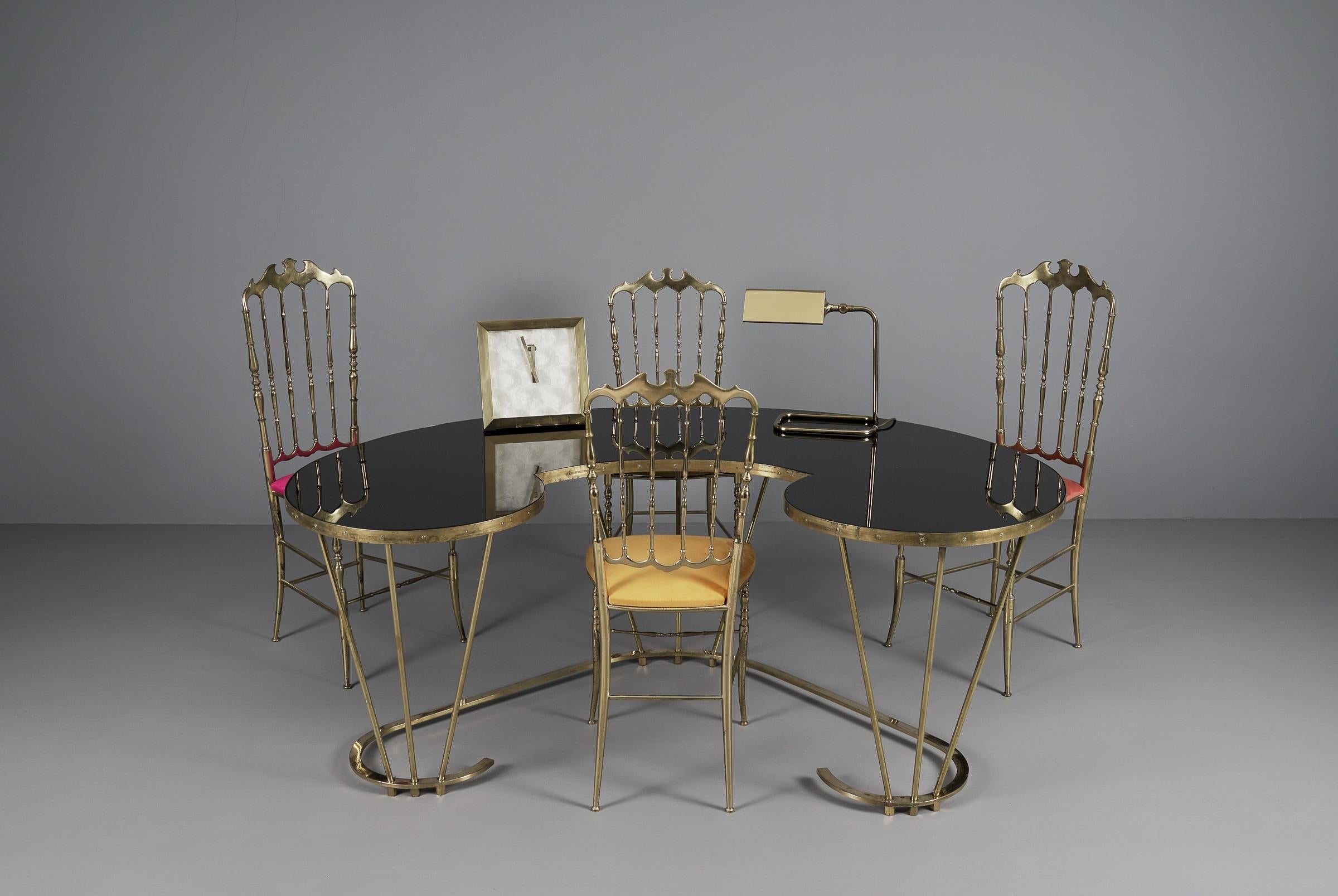 Mid-Century Modern Unique Desk or Dressing Table Made of Solid Brass and Black Glass, 1950s, Italy For Sale