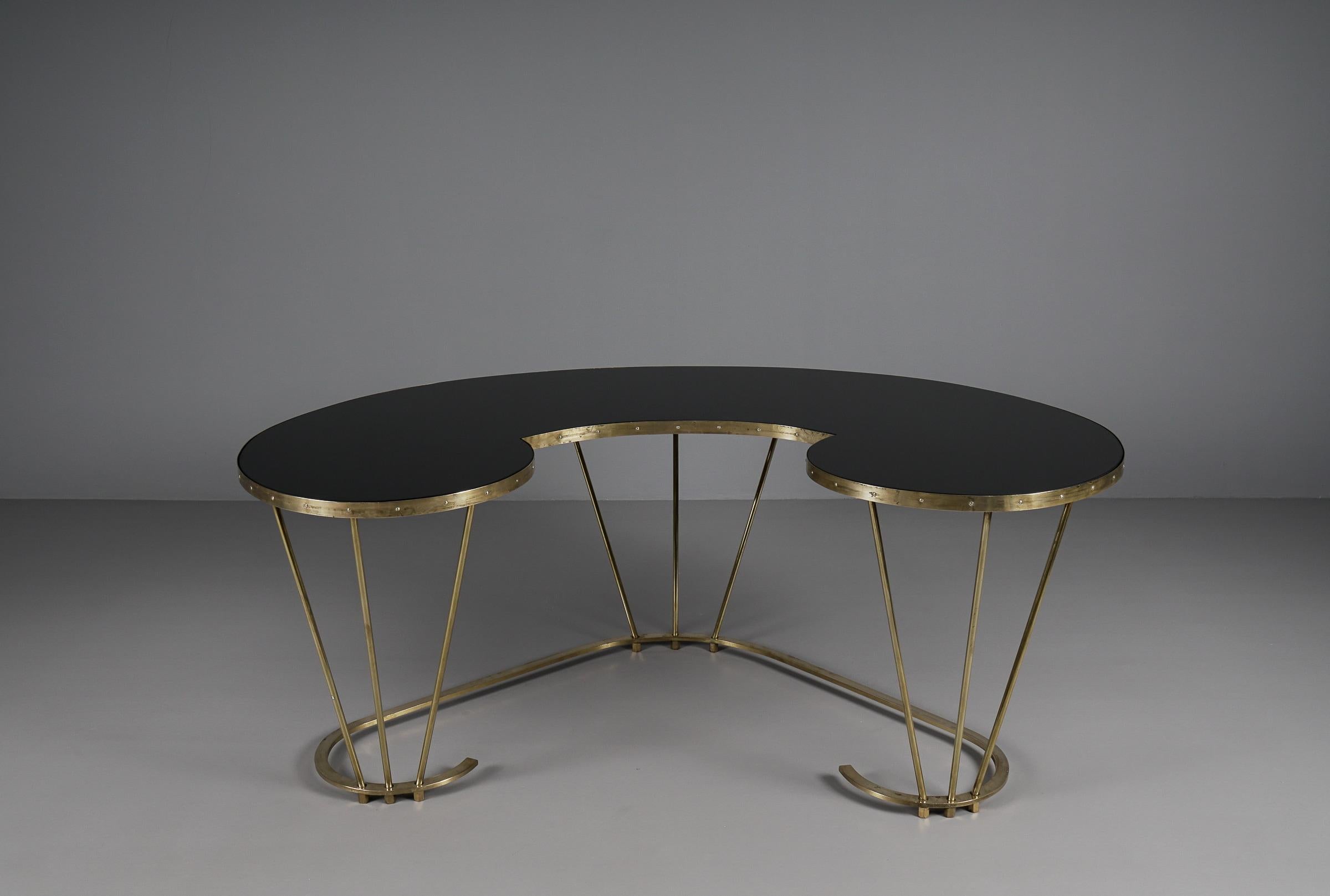 Mid-20th Century Unique Desk or Dressing Table Made of Solid Brass and Black Glass, 1950s, Italy For Sale