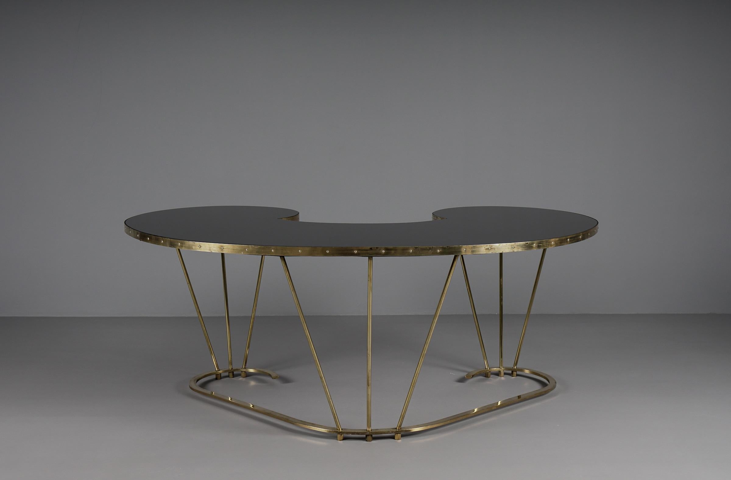 Unique Desk or Dressing Table Made of Solid Brass and Black Glass, 1950s, Italy For Sale 1