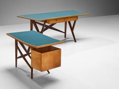 Mid-Century Italian Desk with Return in Mahogany and Maple with Turquoise Top