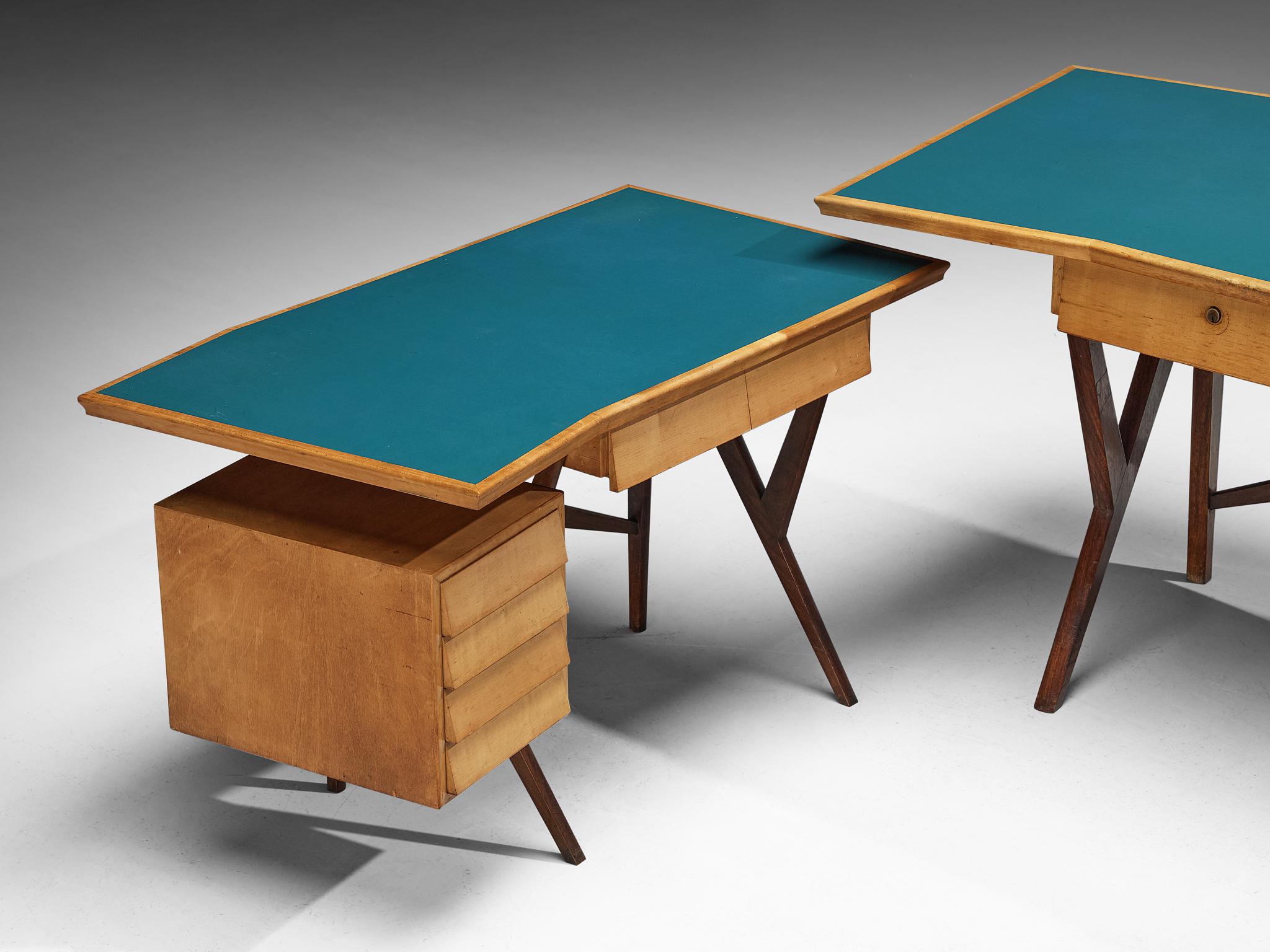 Italian Gustavo & Vito Latis Desk with Return in Mahogany and Maple with Turquoise Top  For Sale