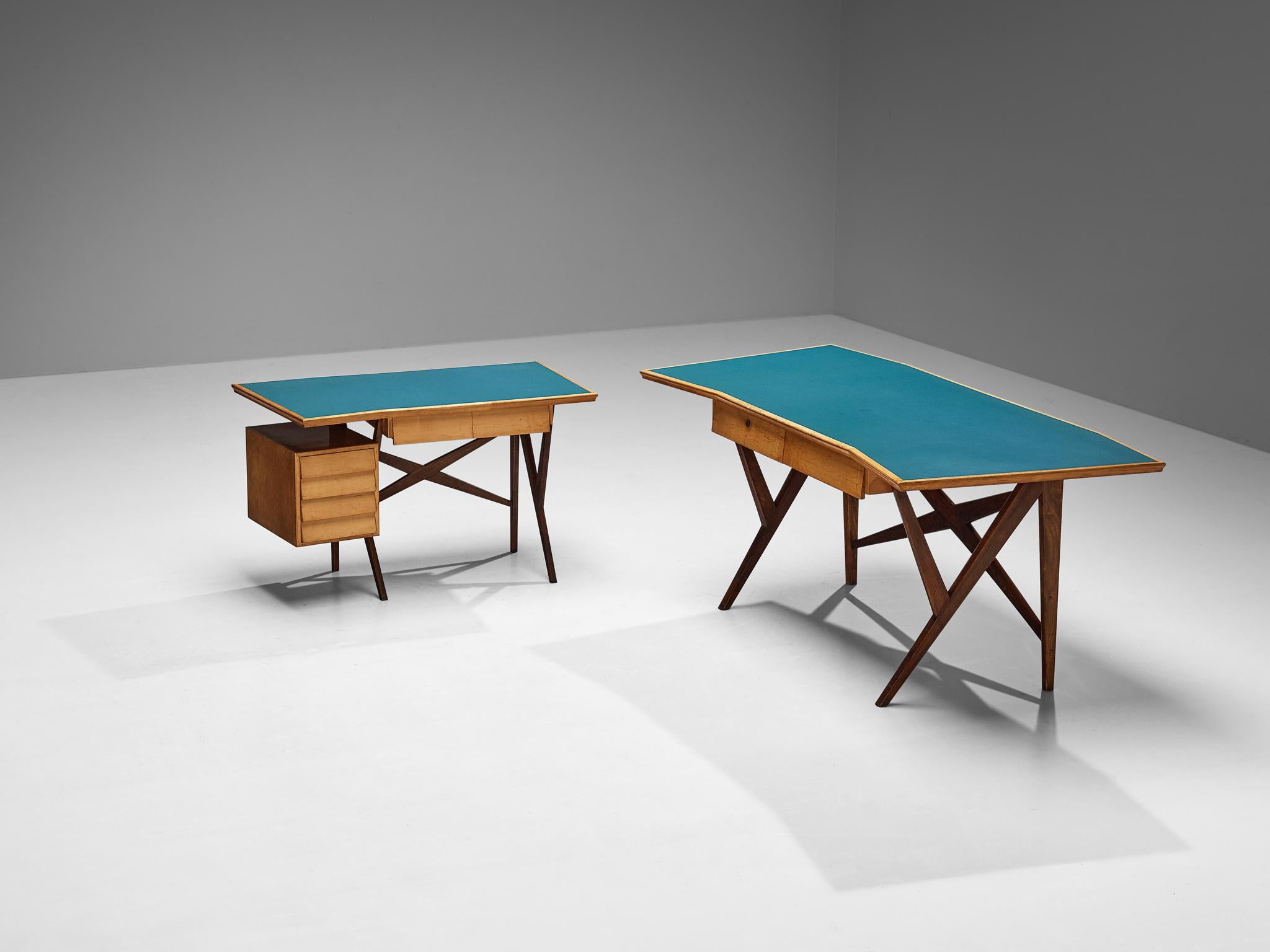 Mid-20th Century Gustavo & Vito Latis Desk with Return in Mahogany and Maple with Turquoise Top  For Sale