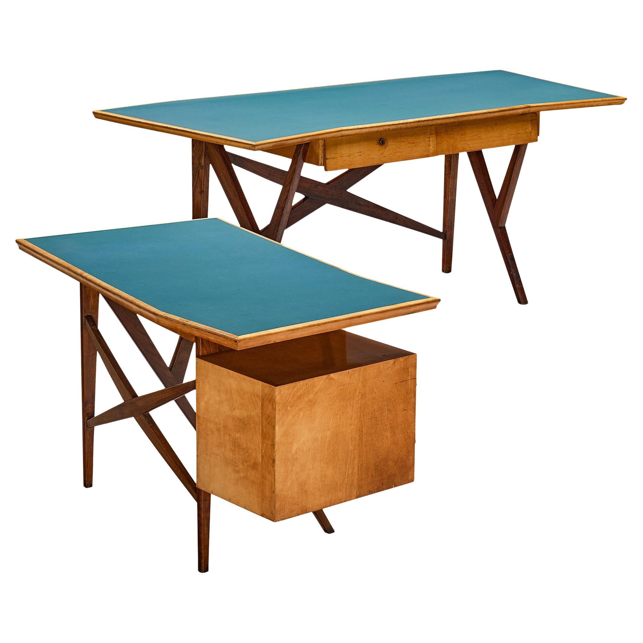 Gustavo & Vito Latis Desk with Return in Mahogany and Maple with Turquoise Top  For Sale