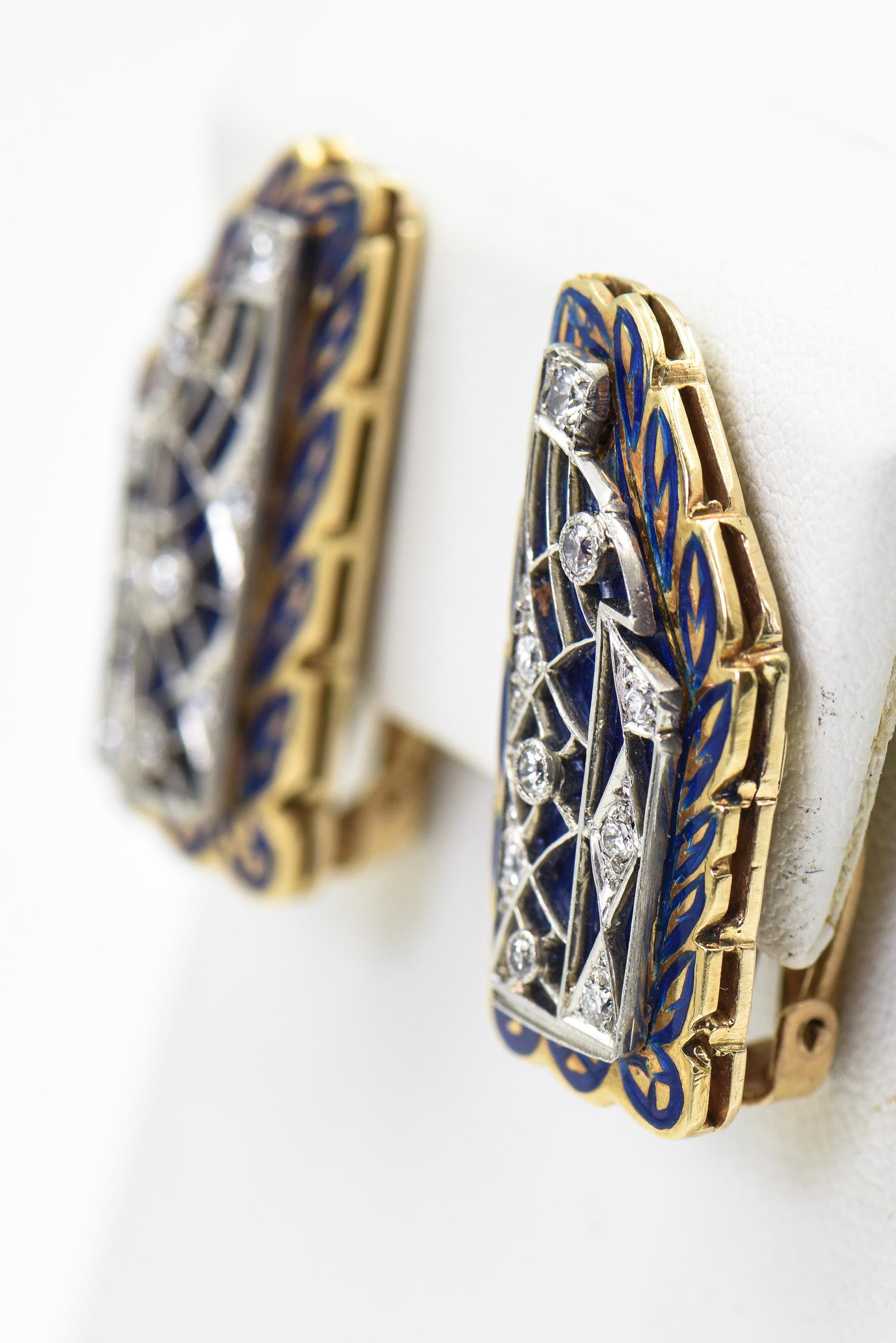 Round Cut Unique Diamond and Blue Enamel Leaf Gold Earrings For Sale