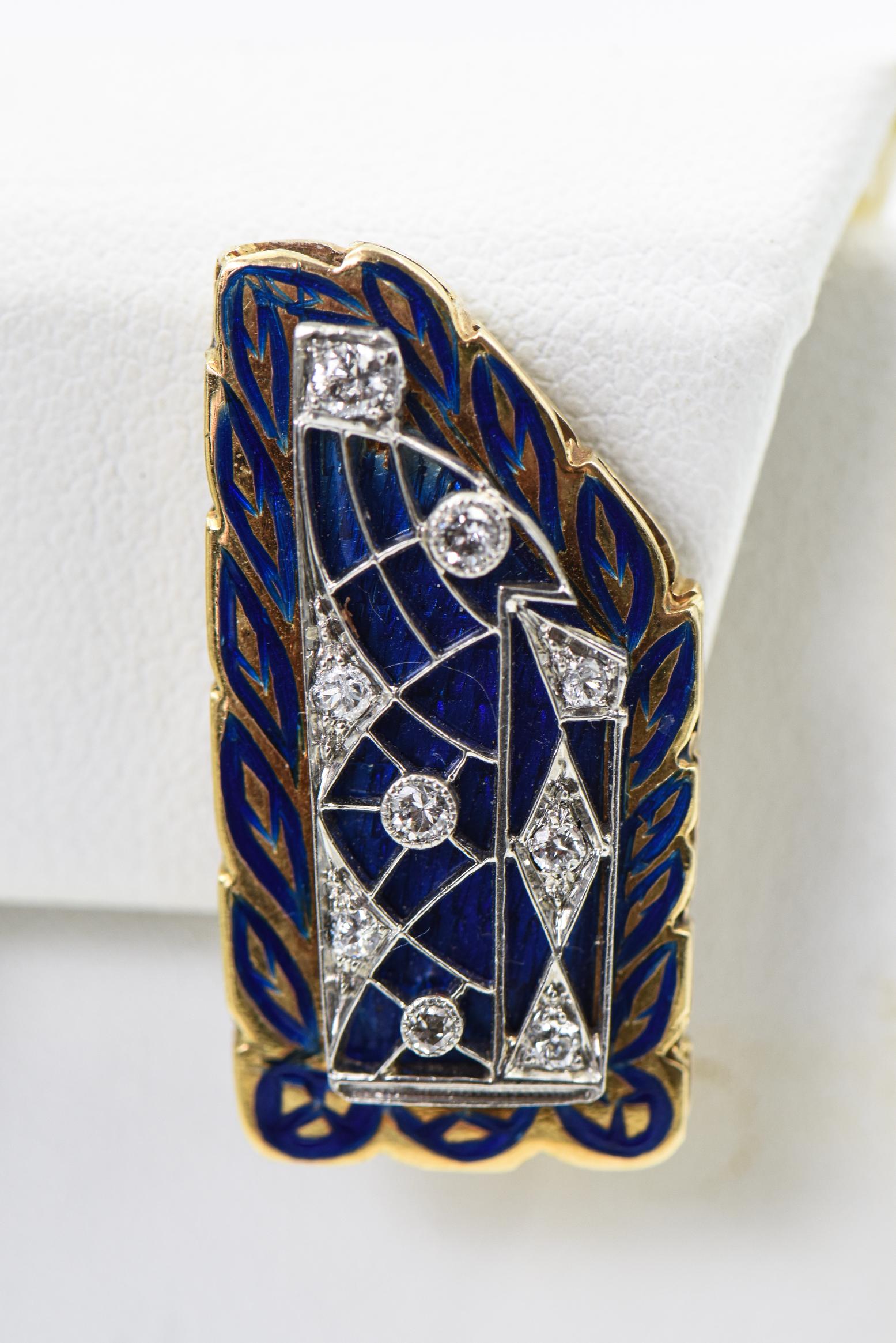 Einzigartige Diamant- und blaue Emaille-Blattgold-Ohrringe im Zustand „Gut“ im Angebot in Miami Beach, FL