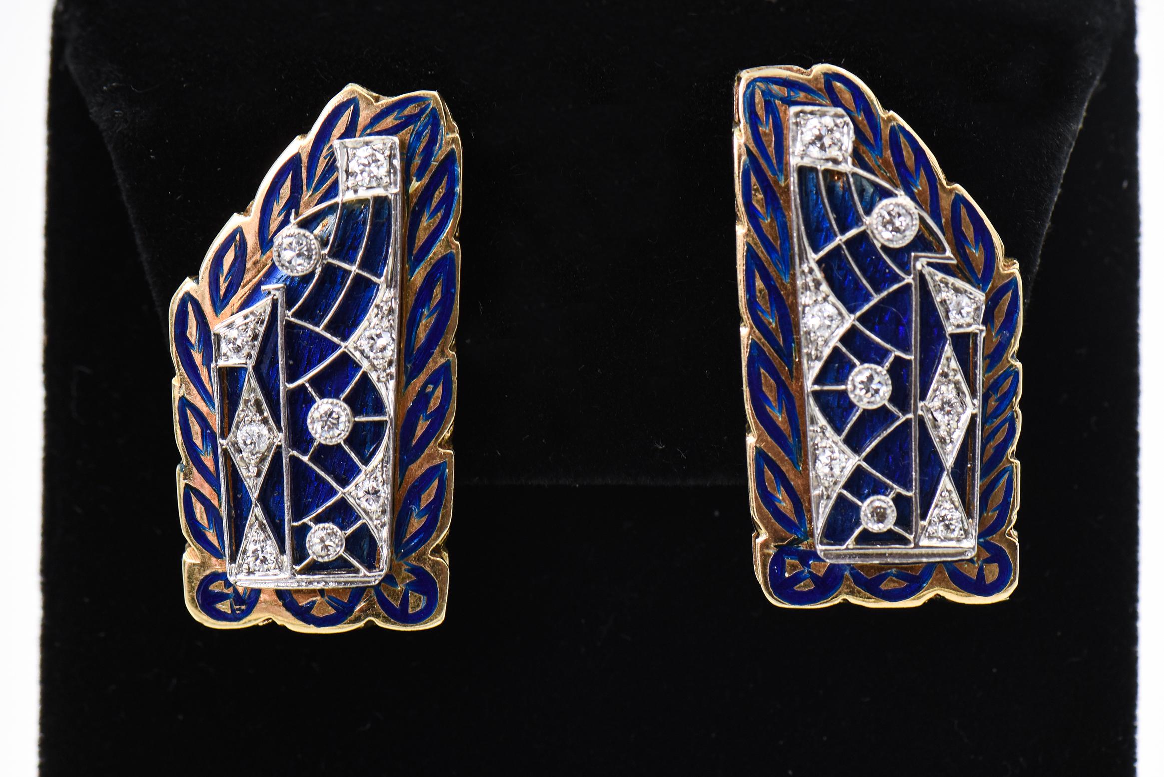 Women's or Men's Unique Diamond and Blue Enamel Leaf Gold Earrings For Sale