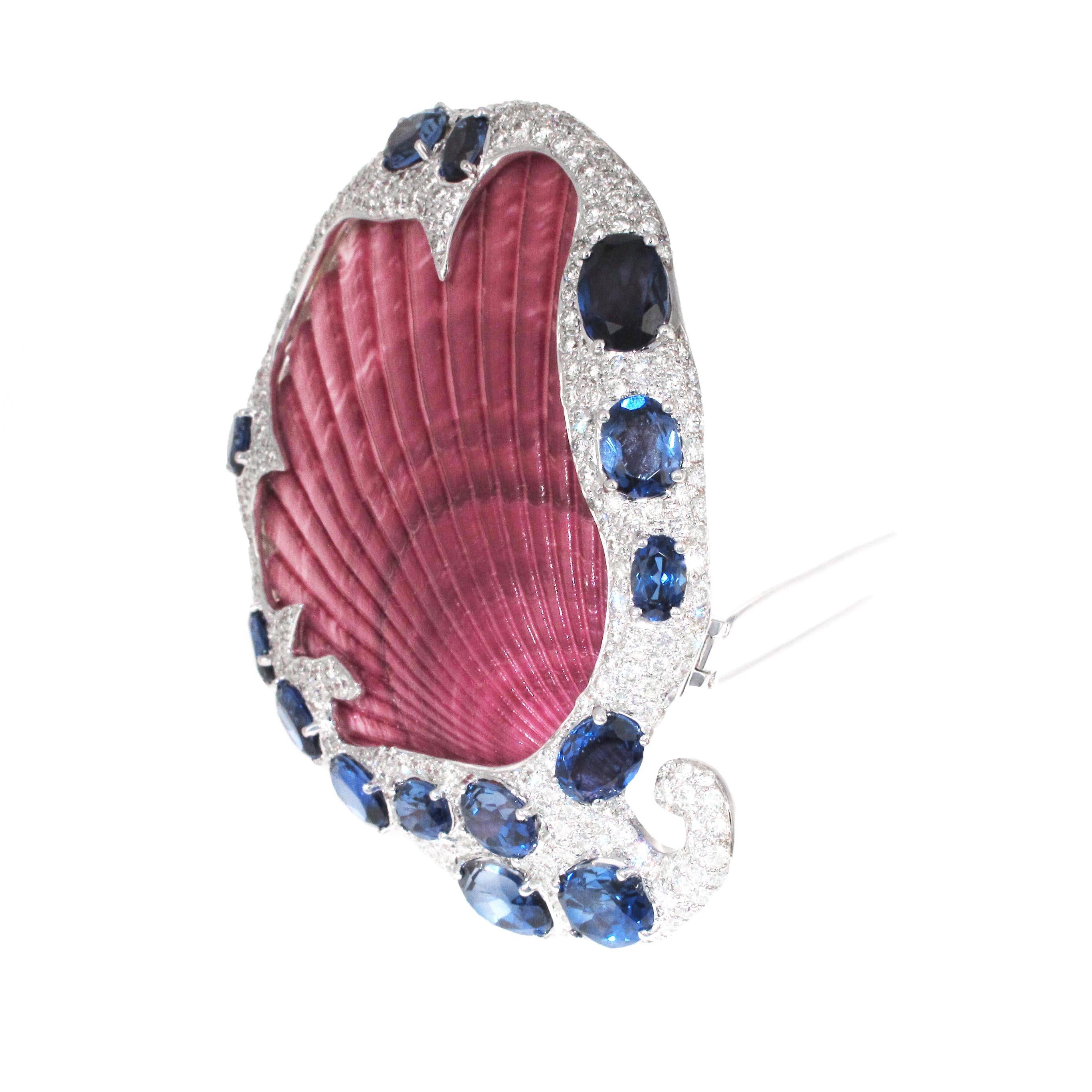 Round Cut Unique Diamond and Blue Quart Shell Brooch Pin