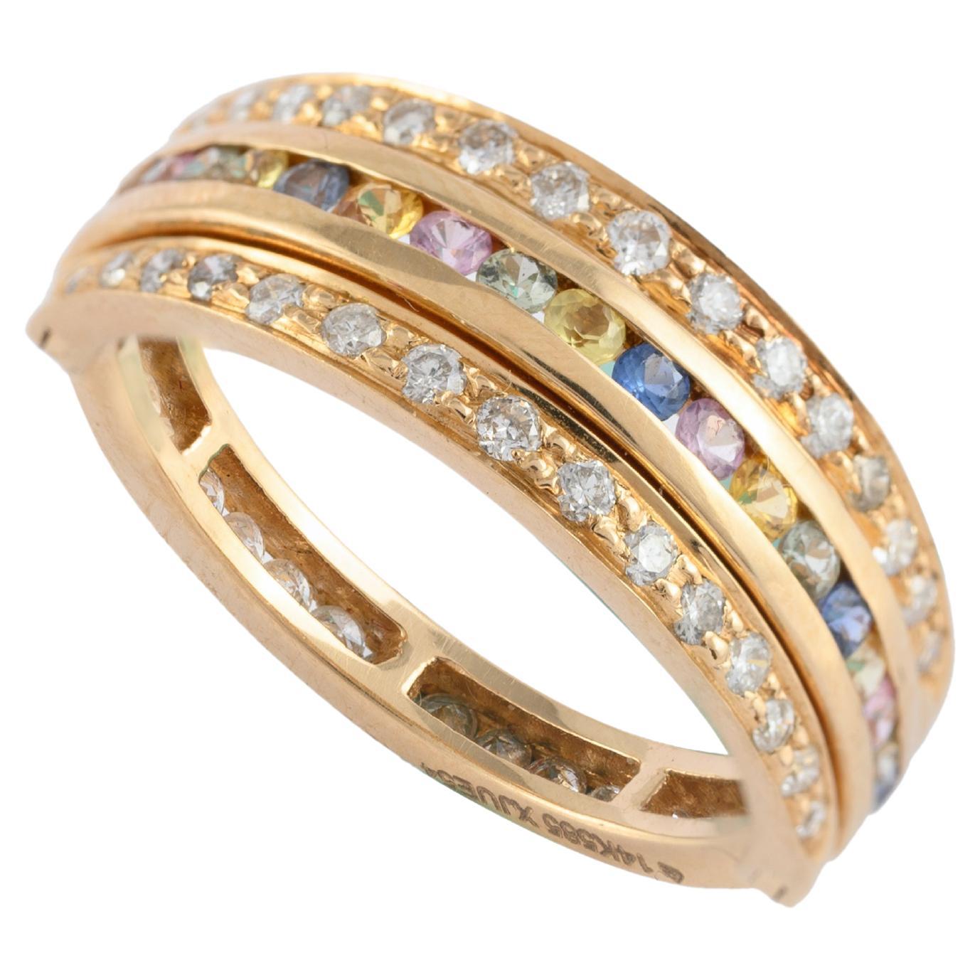 For Sale:  Unique Diamond and Multi Sapphire Spinner Ring in 14k Solid Yellow Gold