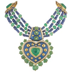 Unique Diamond, Emerald and Sapphire Heart Necklace