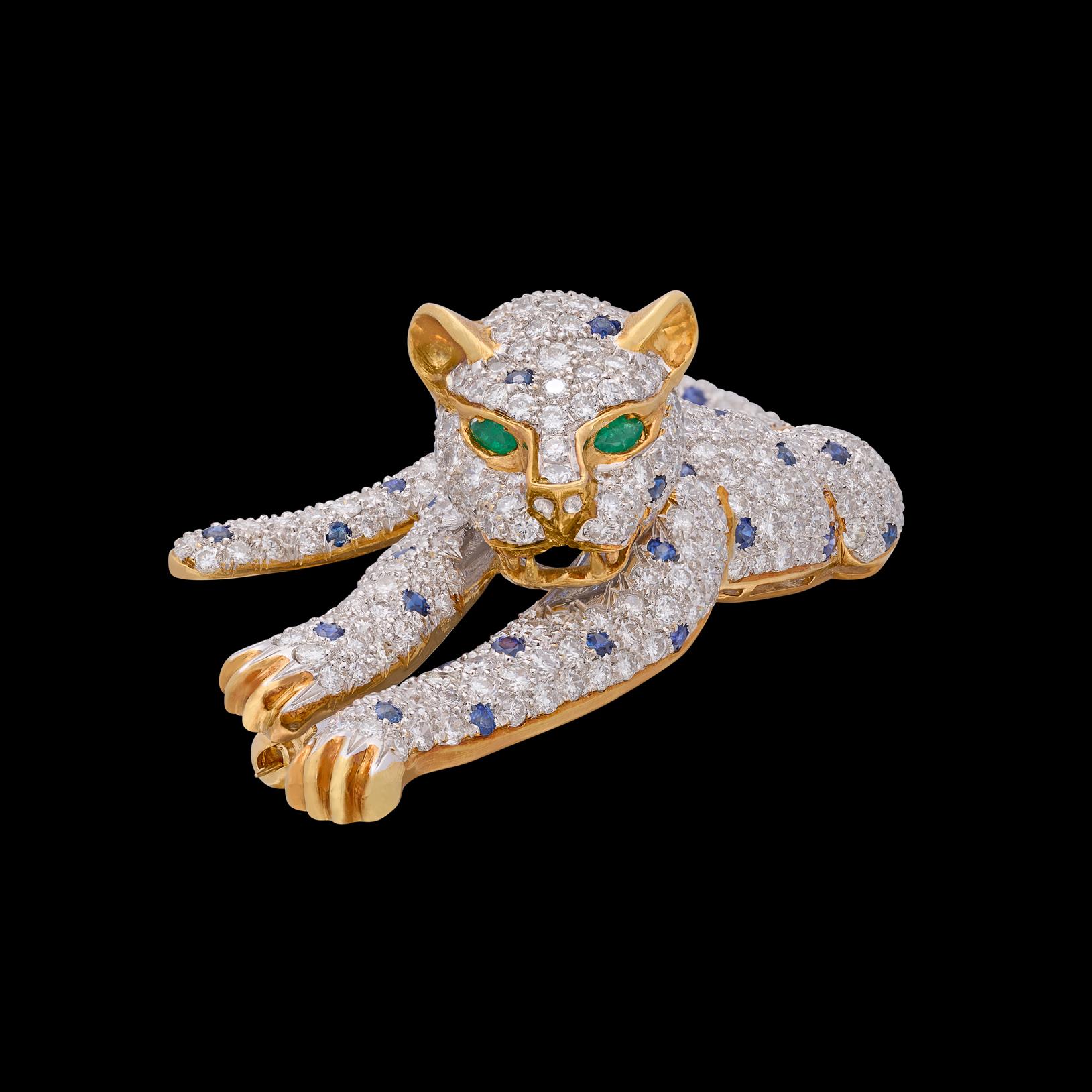 Vintage Leopardenbrosche, einzigartiger Diamant, Smaragd & Saphir (Rundschliff) im Angebot
