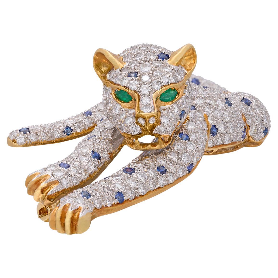 Vintage Leopardenbrosche, einzigartiger Diamant, Smaragd & Saphir im Angebot