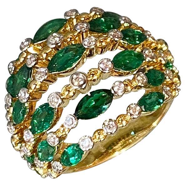 Unique Diamond Emerald Yellow 18K Gold Ring for Her 