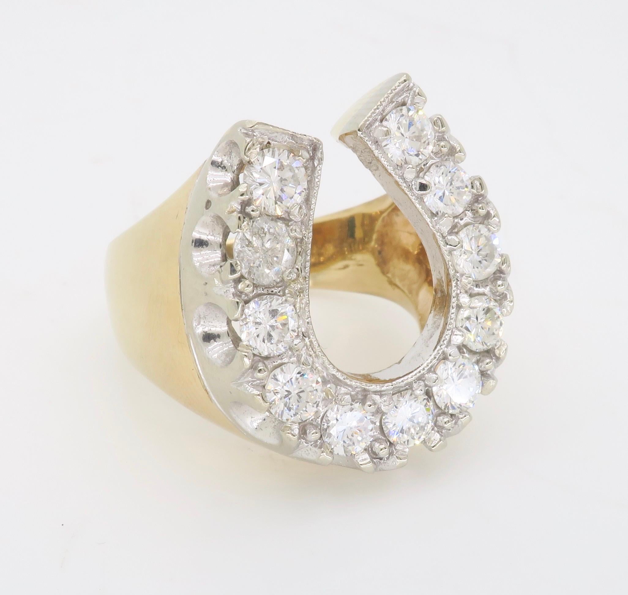 Round Cut Unique Diamond Horseshoe Ring in Two-Tone Gold For Sale