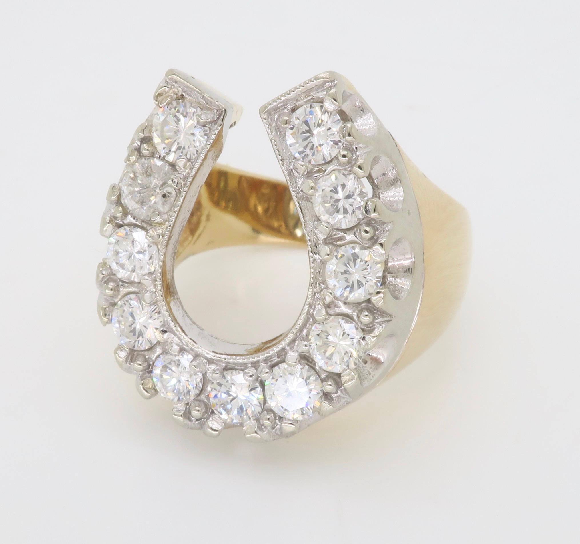 Unique Diamond Horseshoe Ring in Two-Tone Gold In Excellent Condition For Sale In Webster, NY