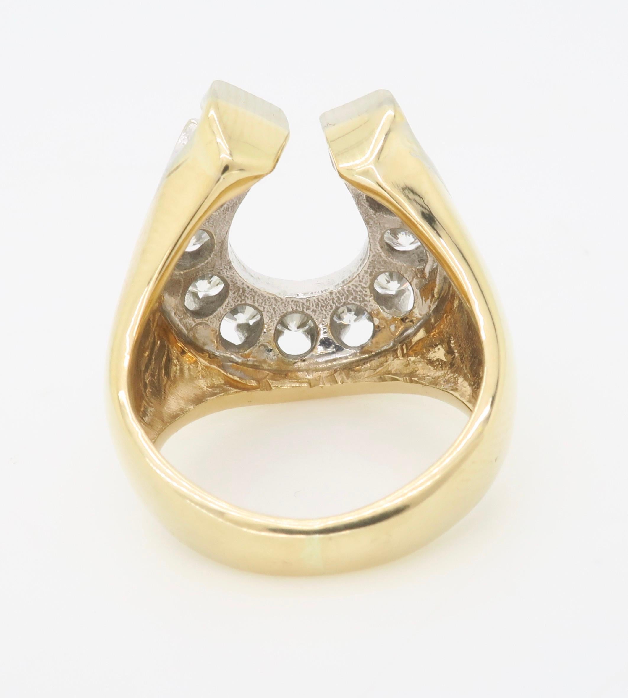 Women's or Men's Unique Diamond Horseshoe Ring in Two-Tone Gold For Sale