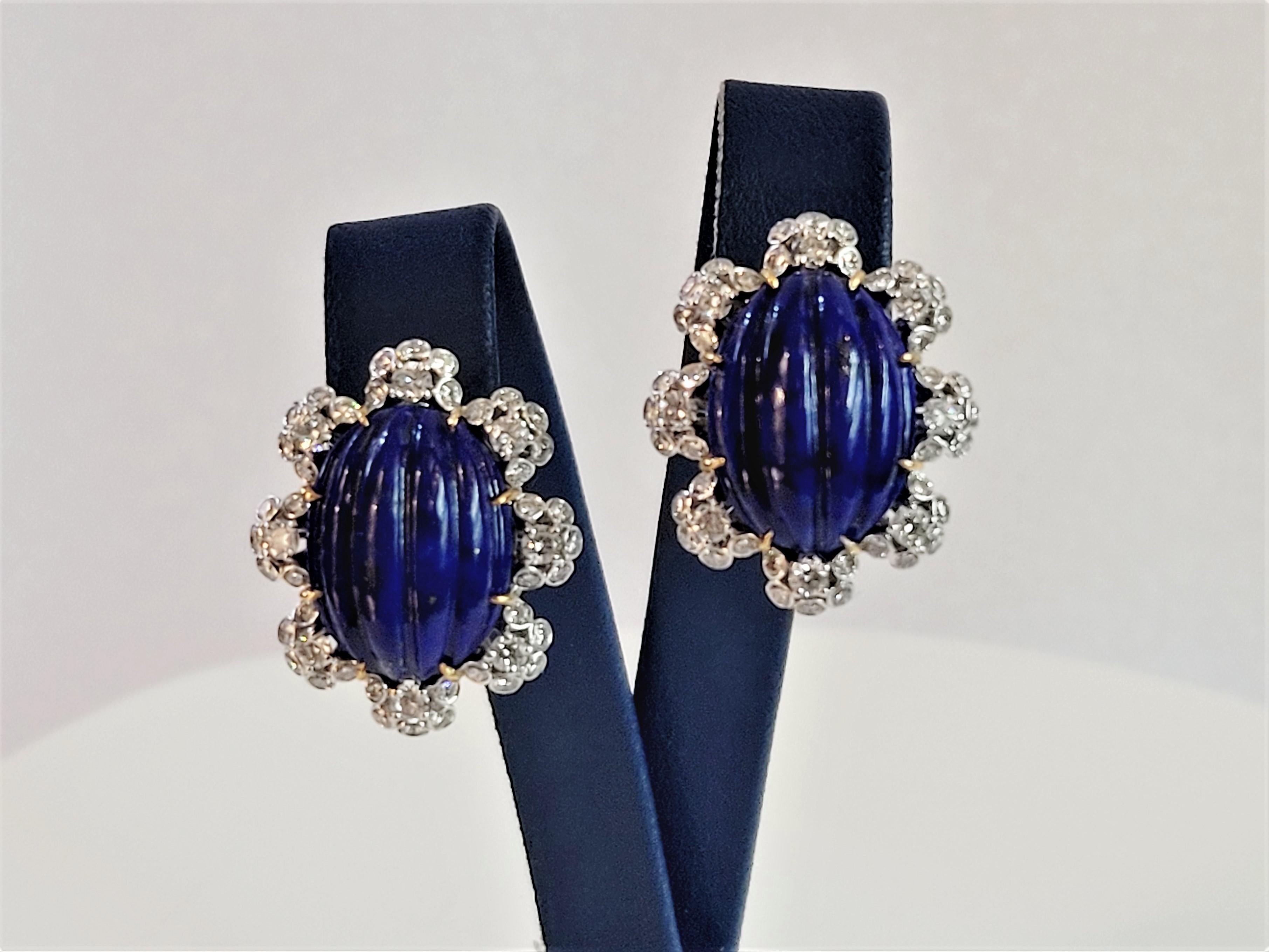 Oval Cut Unique Diamond Lapis Lazuli Ring & Earrings in Gold For Sale