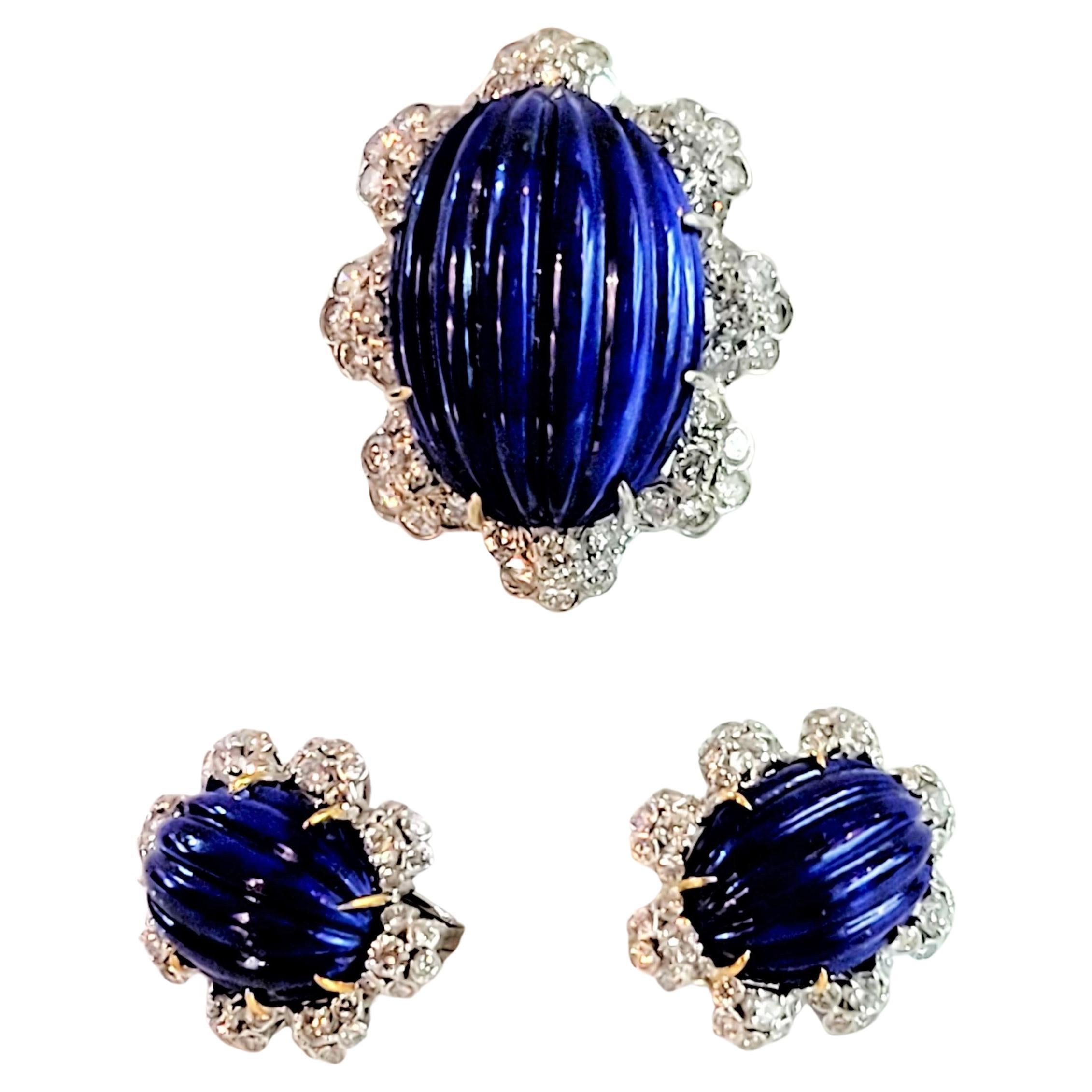Unique Diamond Lapis Lazuli Ring & Earrings in Gold For Sale