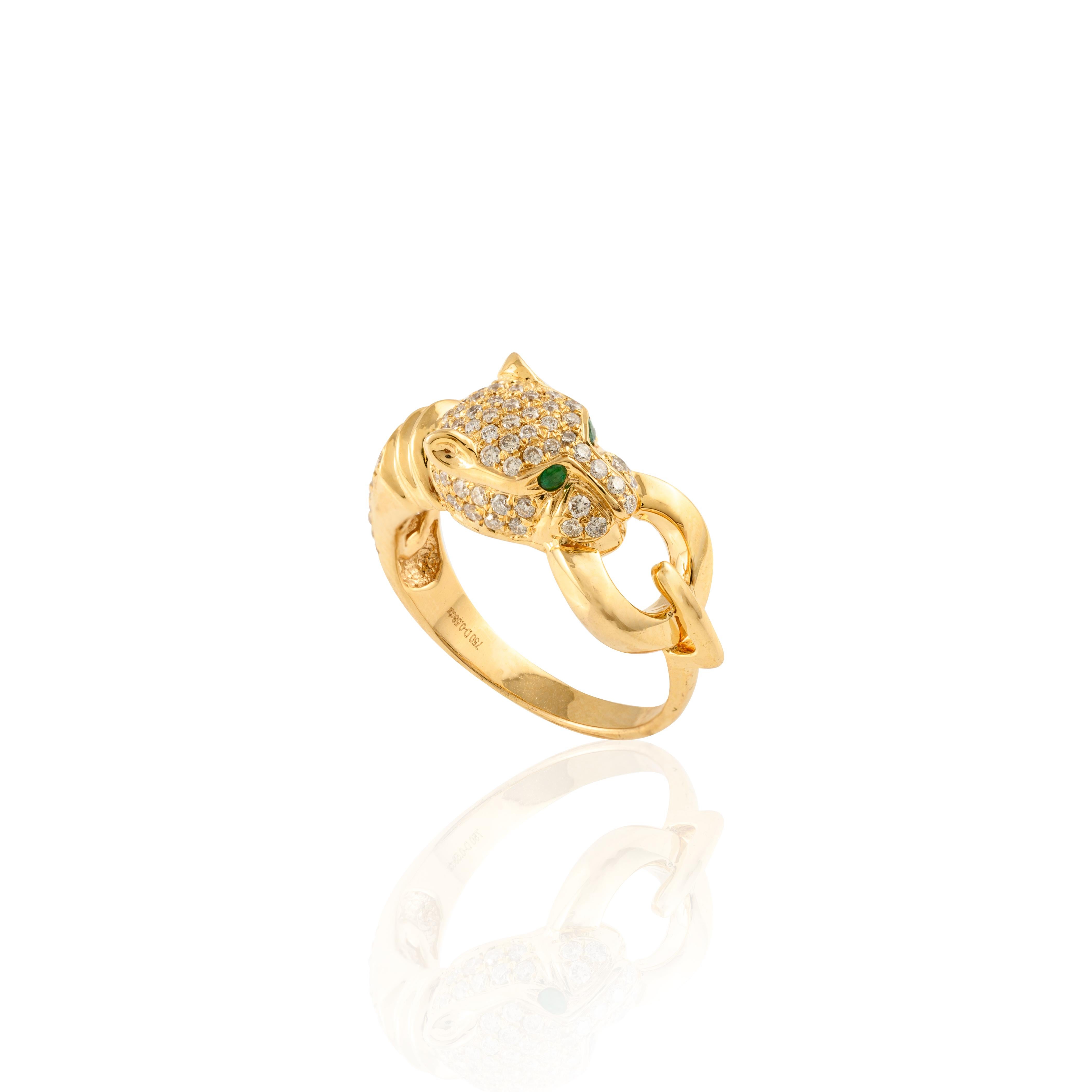 Im Angebot: Diamant-Ring mit Nieten und Pantherkopf mit Smaragd aus 18 Karat massivem Gelbgold () 4
