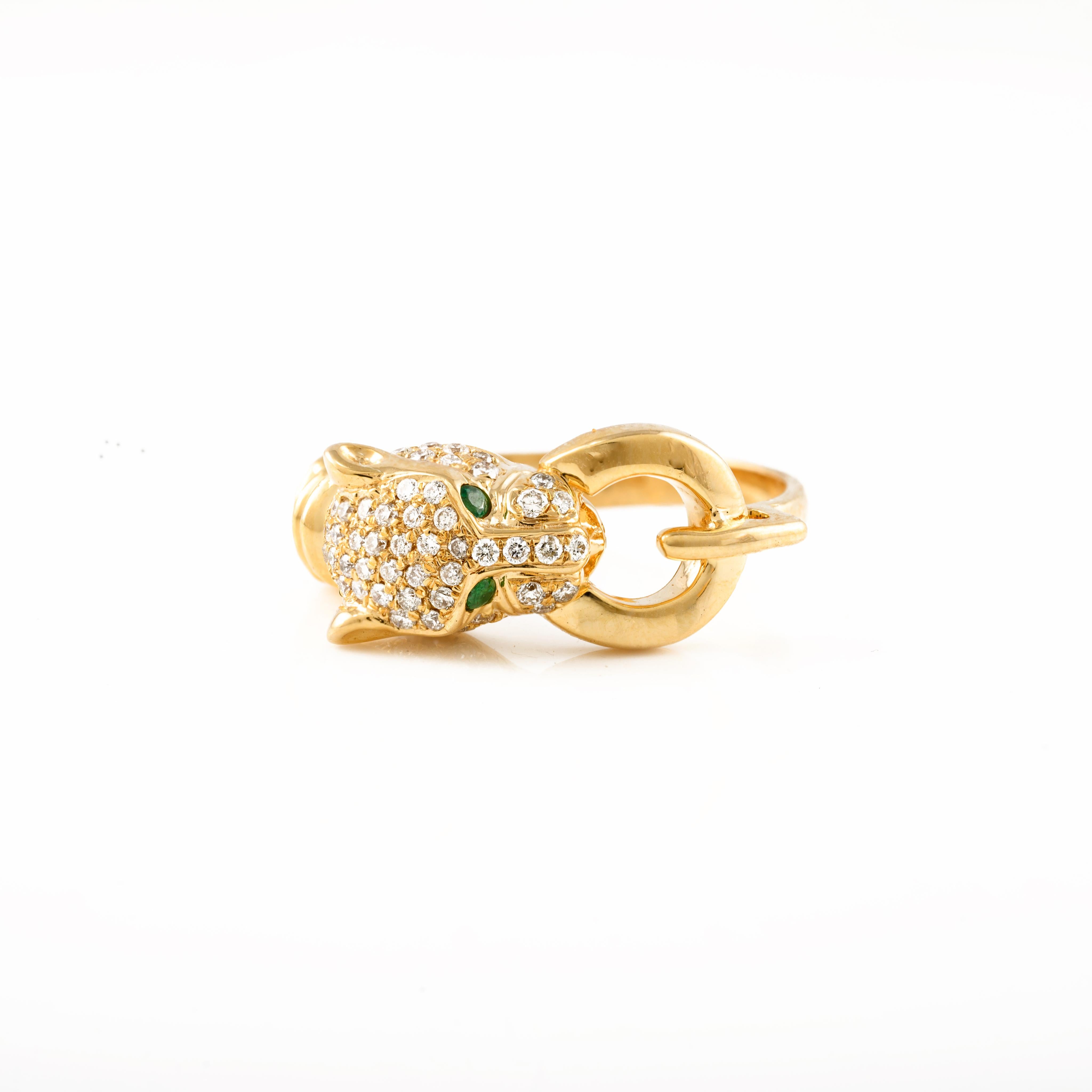 Im Angebot: Diamant-Ring mit Nieten und Pantherkopf mit Smaragd aus 18 Karat massivem Gelbgold () 5
