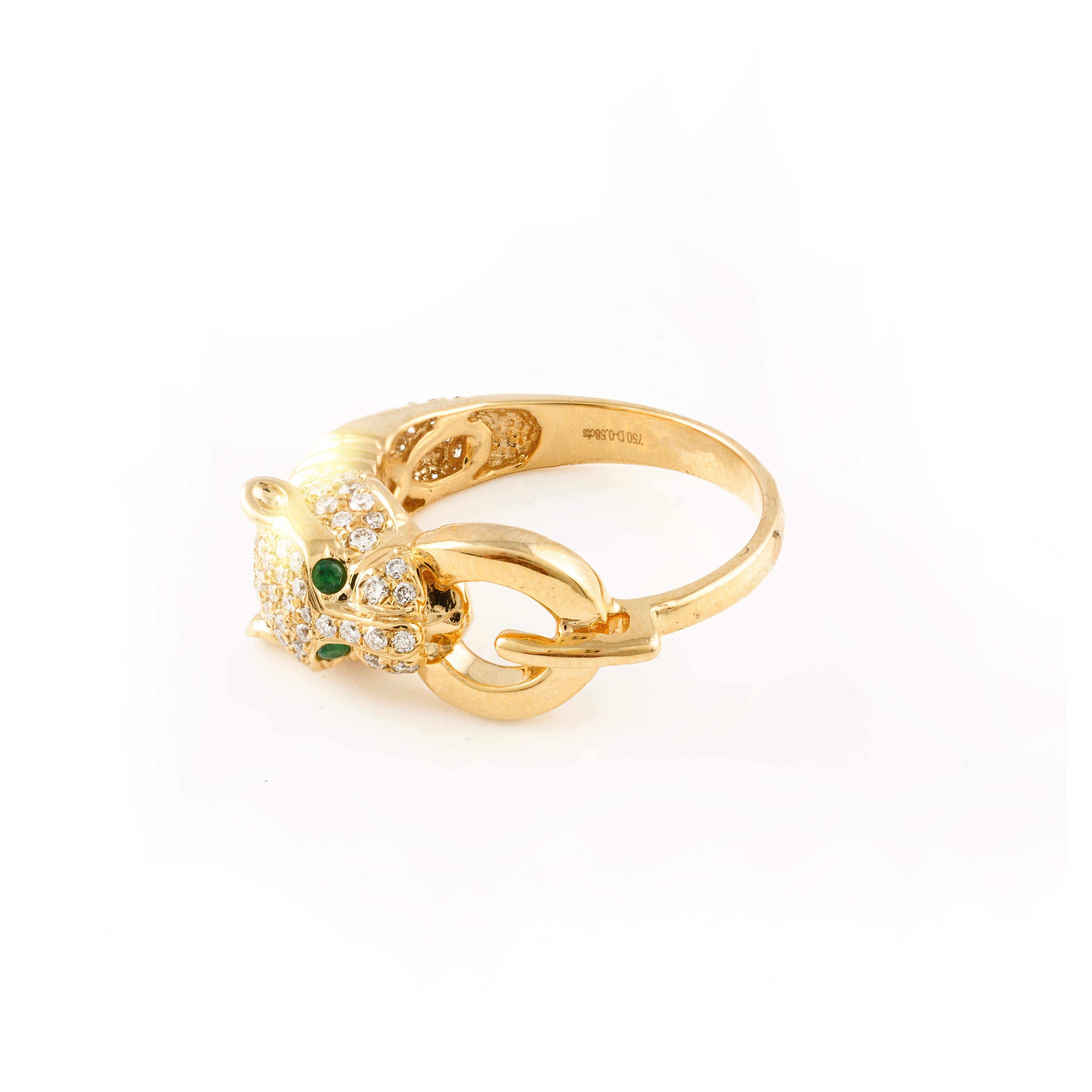 For Sale:  Diamond Studded Panther Head Ring with Emerald in 18k Solid Yellow Gold 6