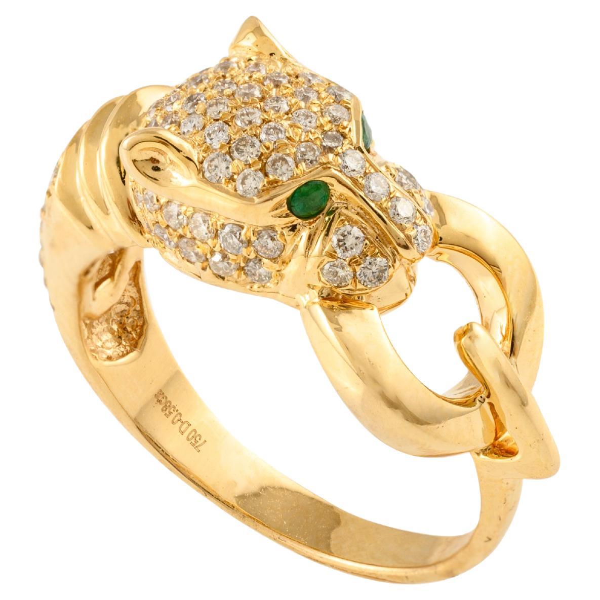 For Sale:  Diamond Studded Panther Head Ring with Emerald in 18k Solid Yellow Gold