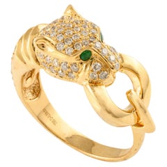 Diamond Studded Panther Head Ring with Emerald in 18k Solid Yellow Gold