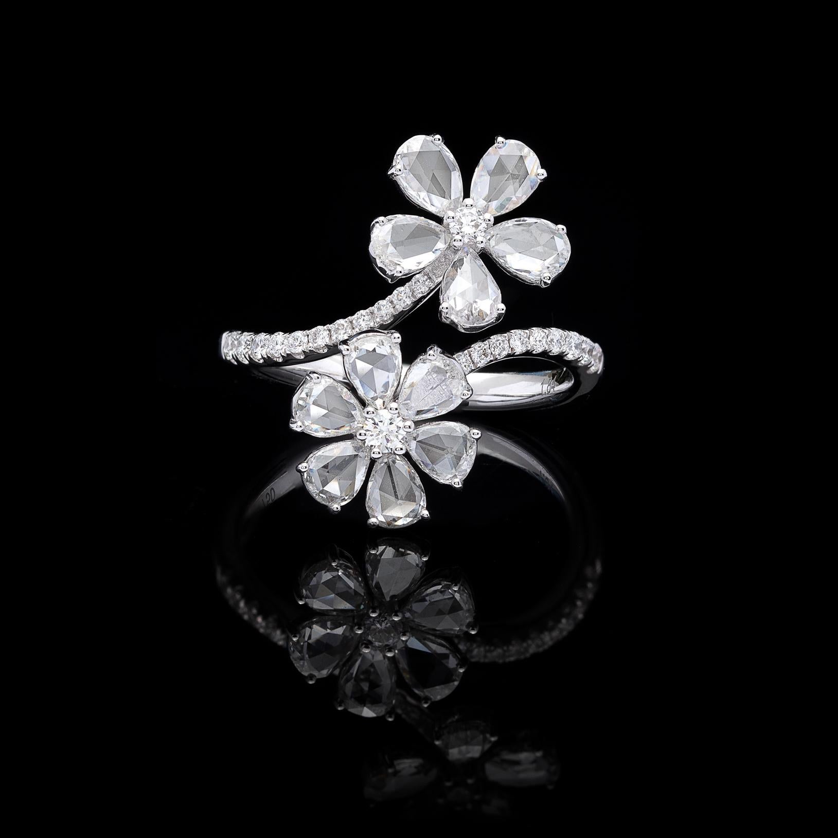 Pear Cut Unique Diamond White Gold By-Pass Flower Ring For Sale