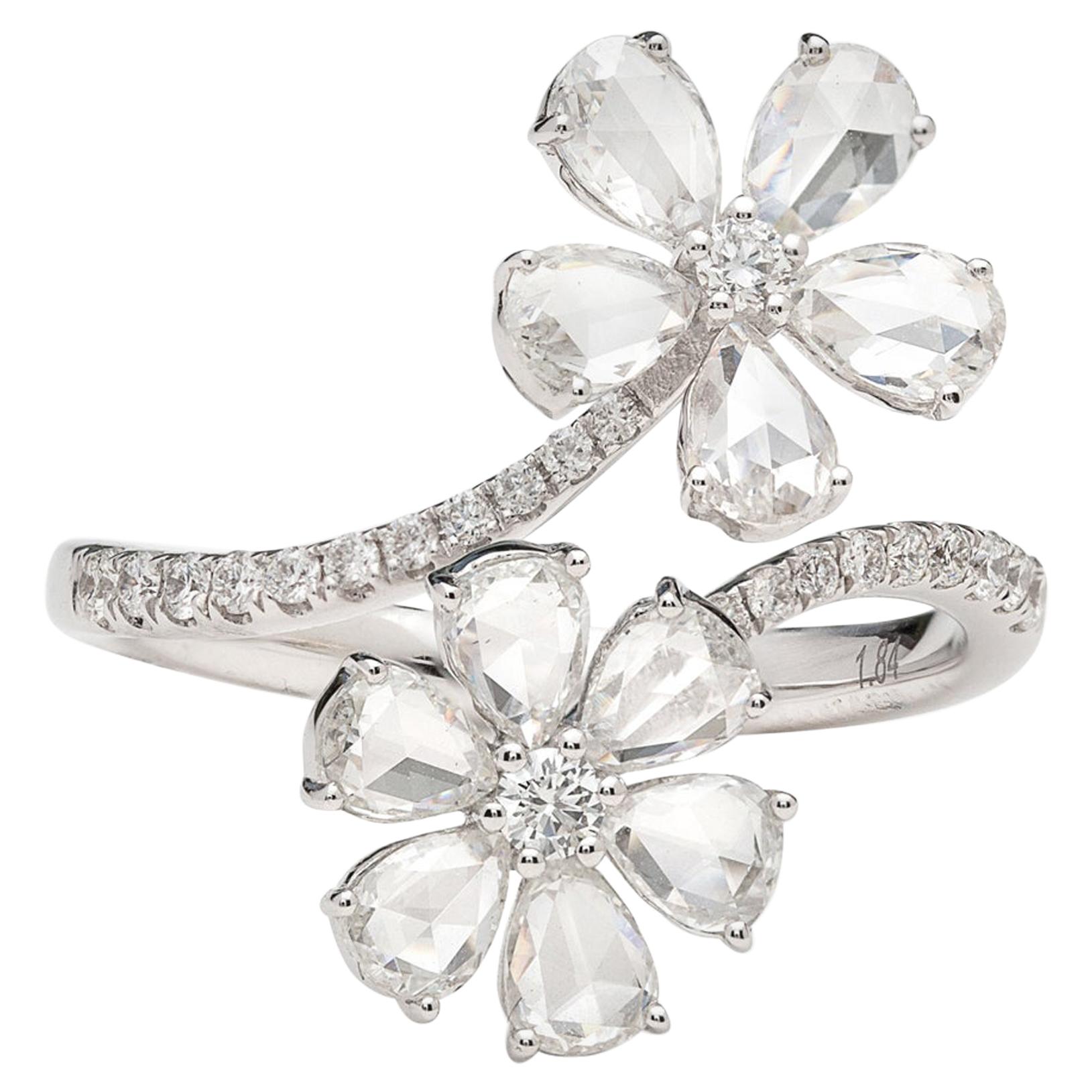 Unique Diamond White Gold By-Pass Flower Ring For Sale