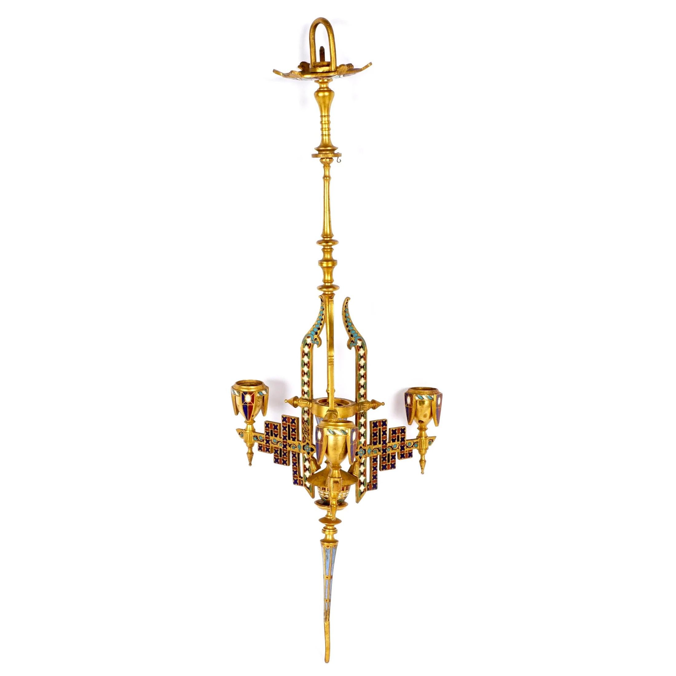 Fine quality Bronze champlevé decorated three light chandelier

Date: 19th century
Origin: French
Dimension: 23 3/4 in. x 7 in.