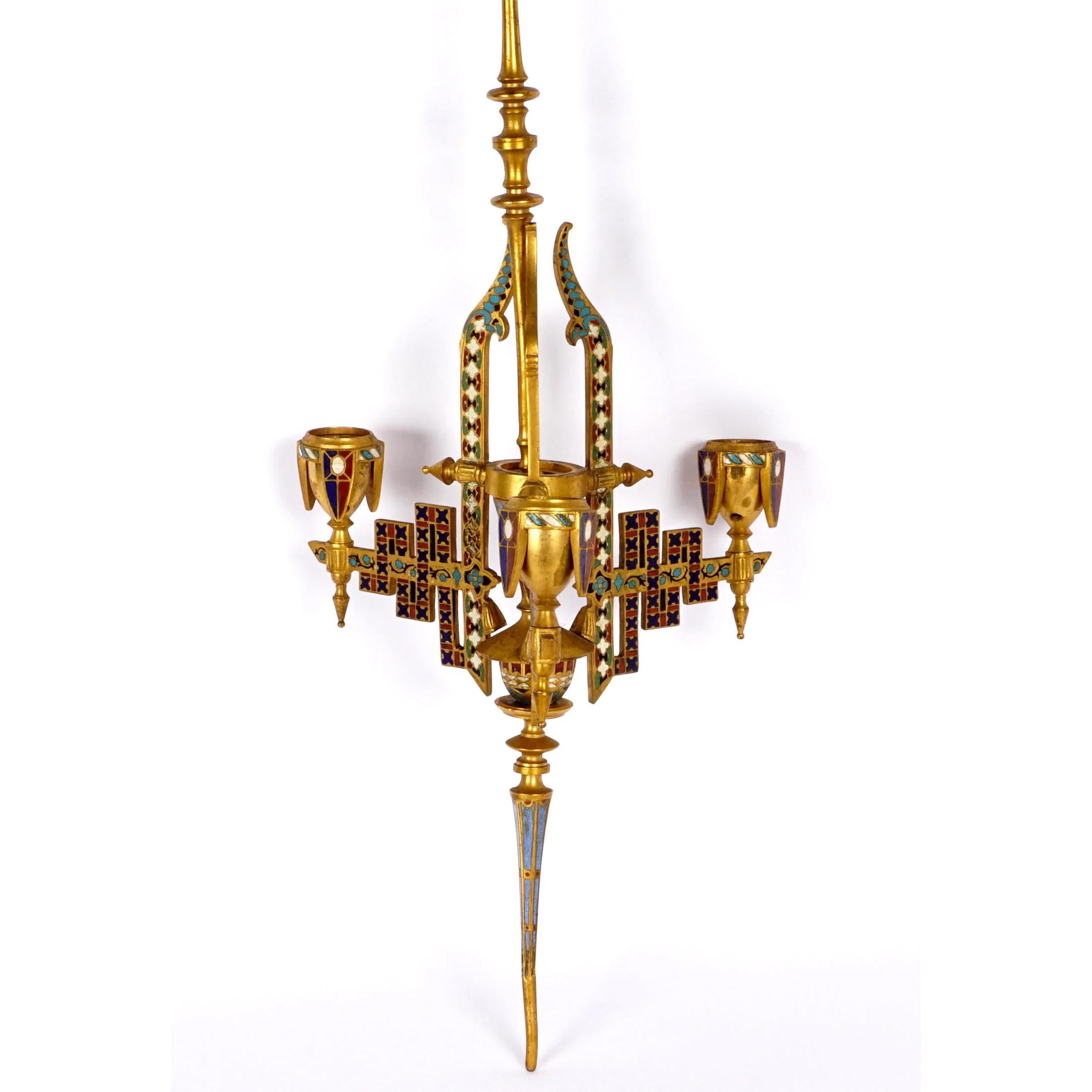 Unique Diminutive French Champlevé Three Light Chandelier In Good Condition For Sale In New York, NY