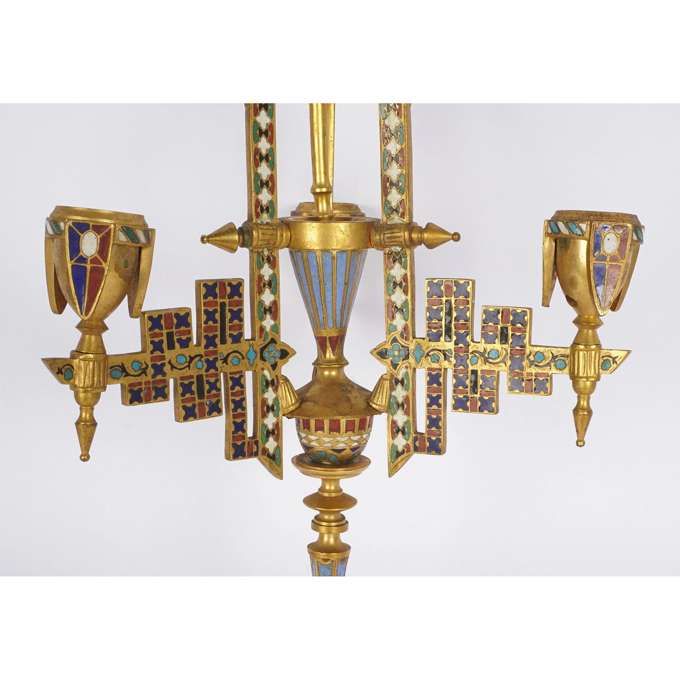 19th Century Unique Diminutive French Champlevé Three Light Chandelier For Sale