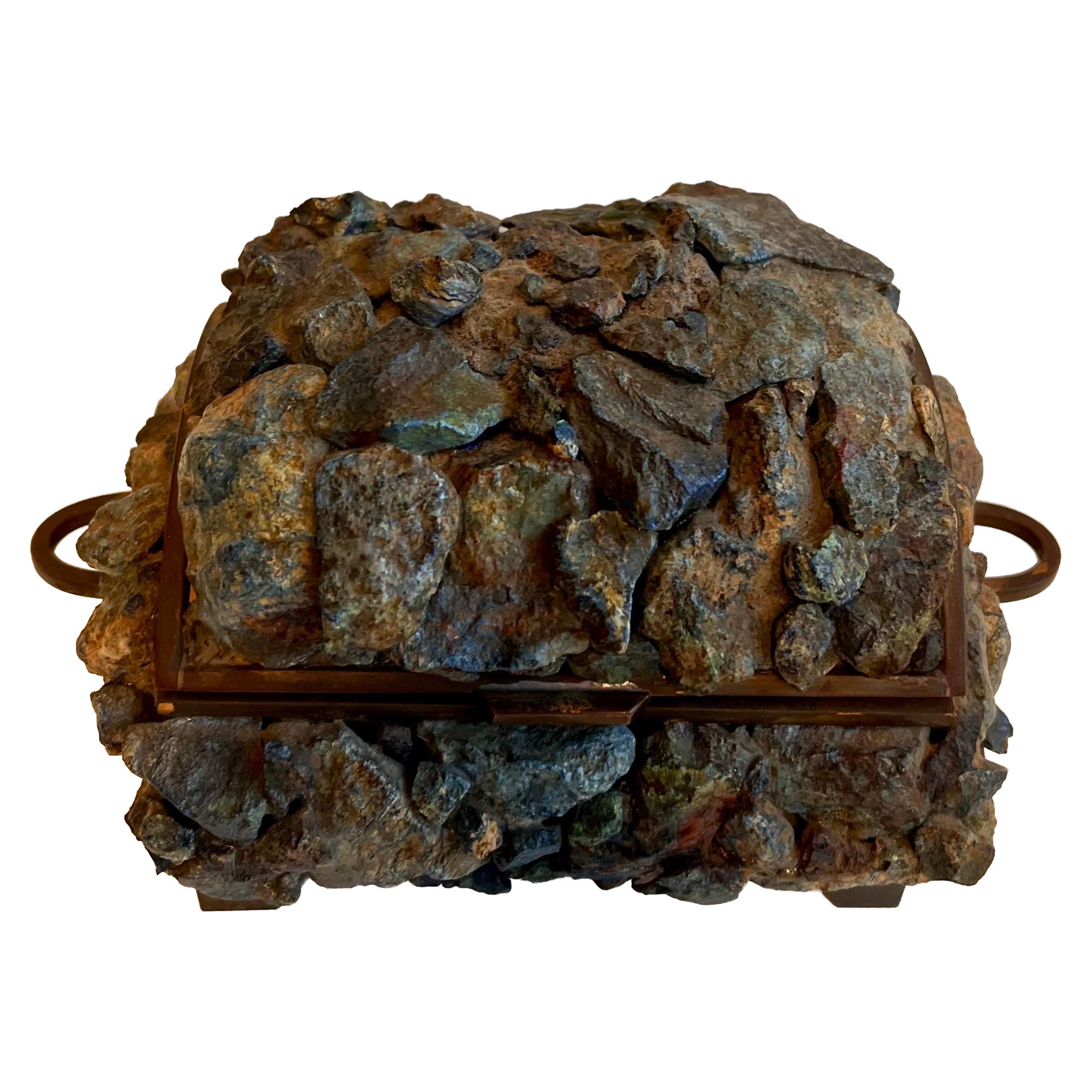 Unique Dome Shaped "Blue Apatite" Stone & Brass Lidded Decorative Box, 1960's For Sale