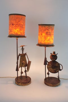Einzigartige Don Quijote und Sancho Panza vergoldete schmiedeeiserne Tischlampen, 1940er Jahre