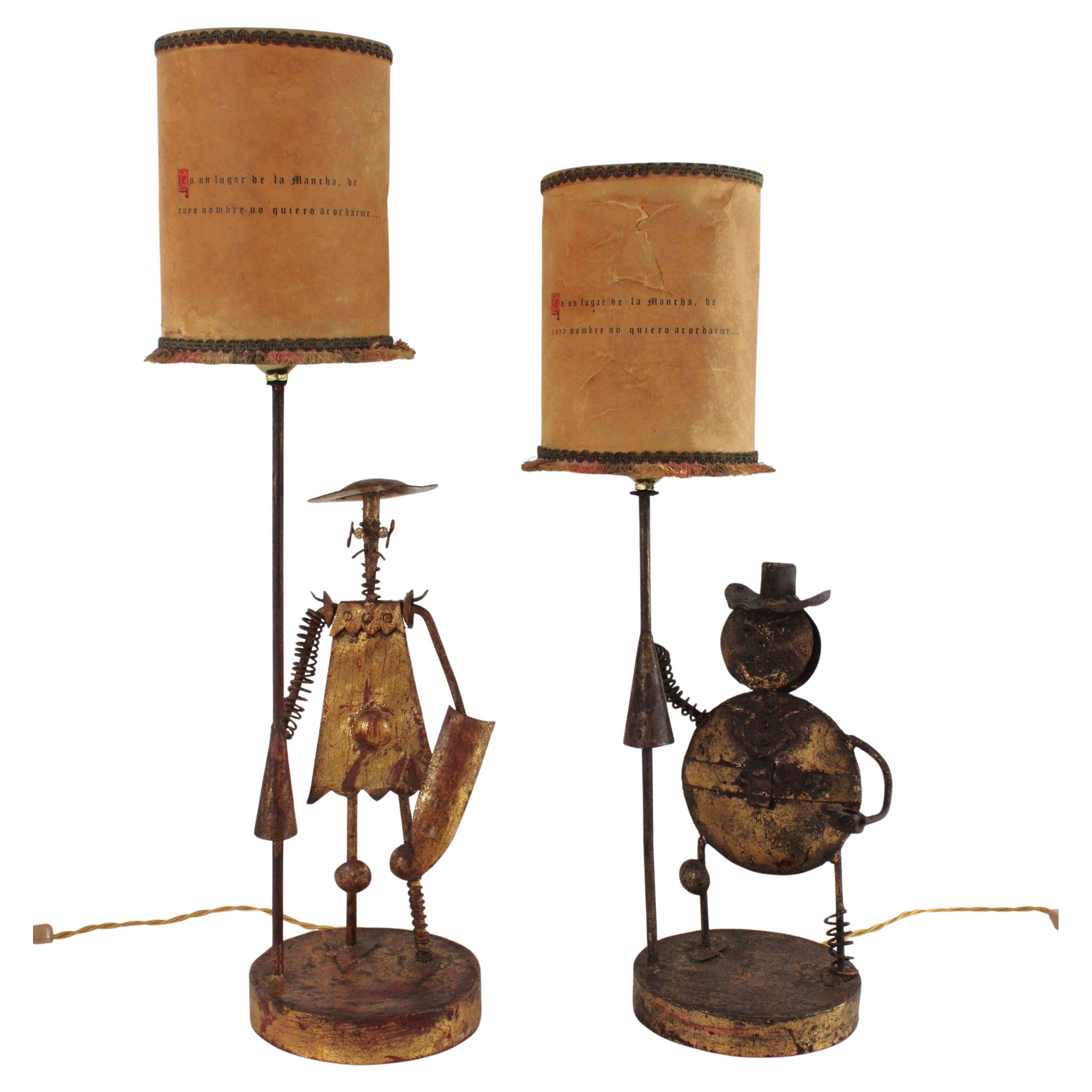 Unique Don Quixote and Sancho Panza Gilt Wrought Iron Table Lamps, 1940s For Sale