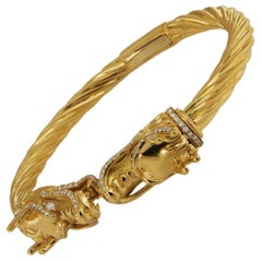 Bracelet manchette dragon unique en or jaune 18 carats et diamants