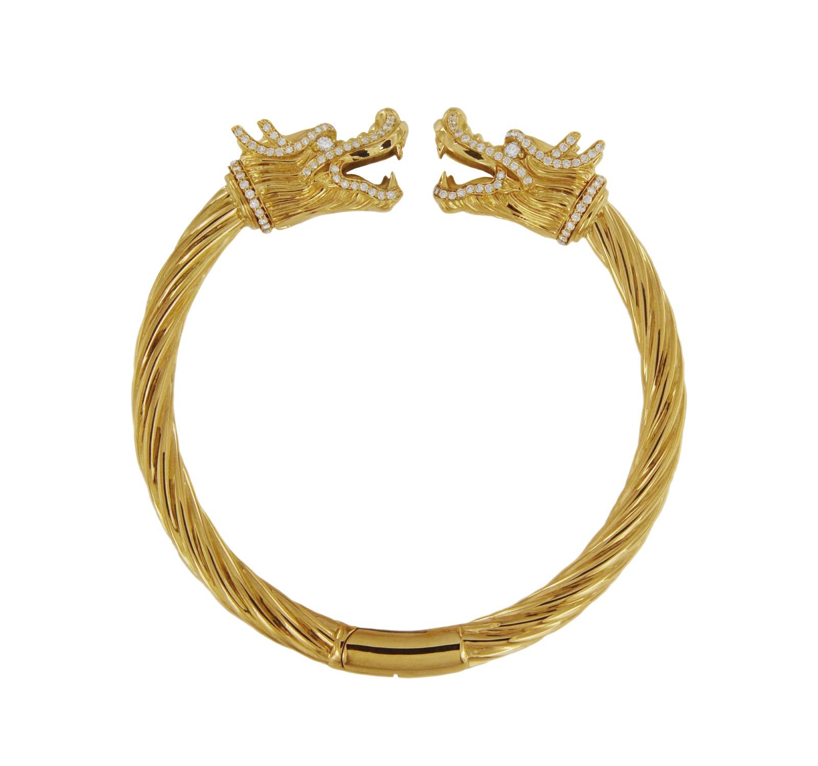 UNIQUE DRAGON 18K YELLOW GOLD DIAMOND CUFF BRACELET 

-Custom made
-18k Yellow Gold
-Weight: 42 gr
-Inner circumference: 6.5”
-Diamonds: 2ct, VS clarity, G color