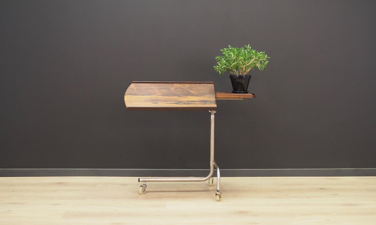 Unique drawing table from the 1960s-1970s, minimalistic Scandinavian design. Table veneered with rosewood, metal construction with possibility of height adjustment and adjustment of angle of the tabletop. Legs on wheels. Preserved in good condition